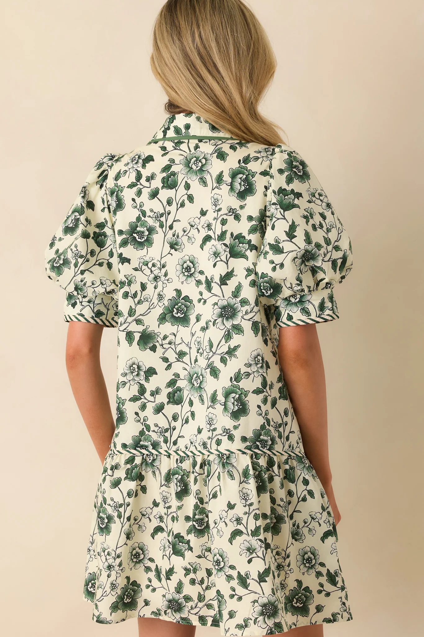As It Happens Green Floral Print Cotton Puff Sleeve Mini Dress