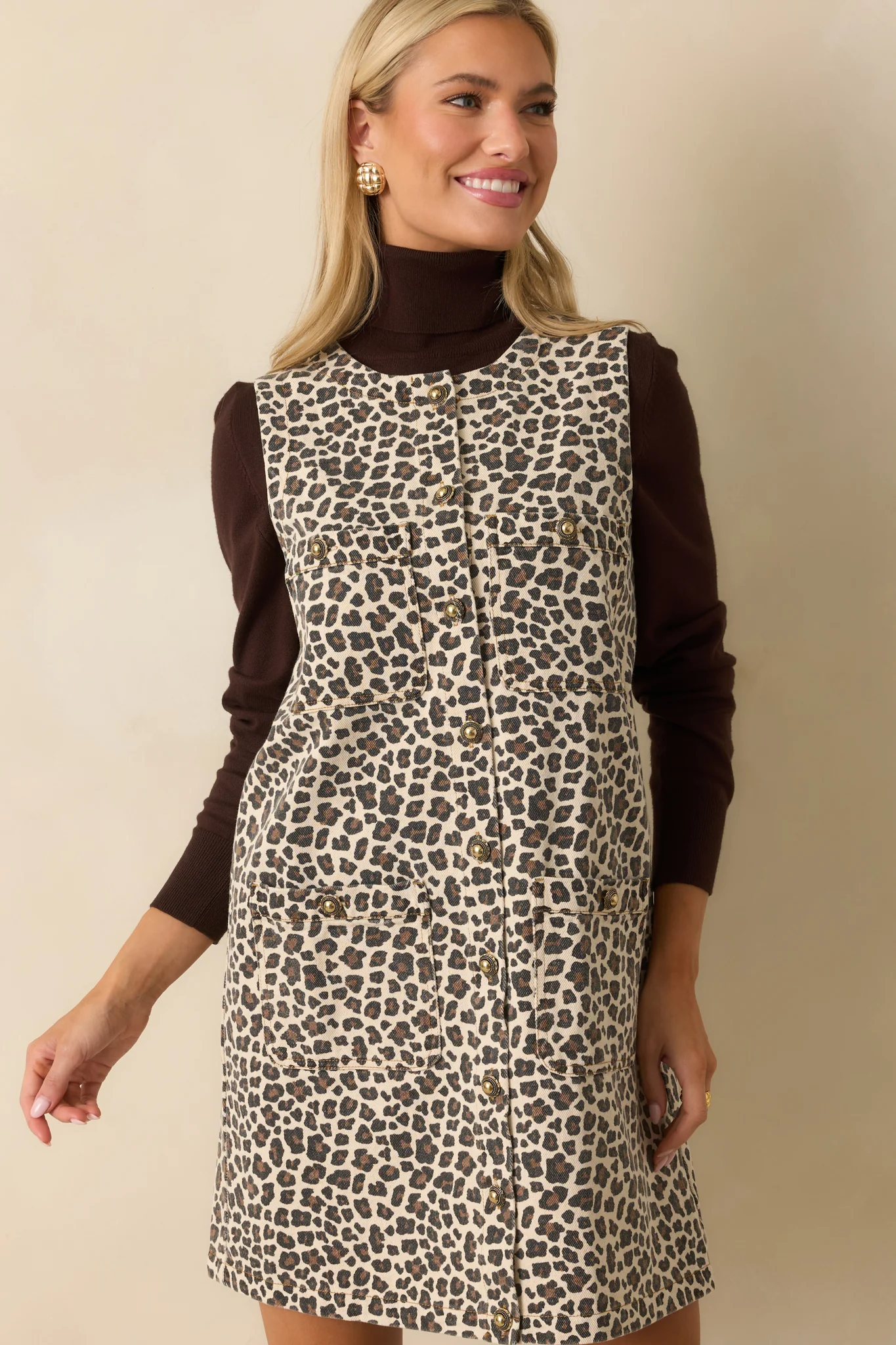 Her Sweet Side Beige Leopard Print Cotton Denim Mini Dress