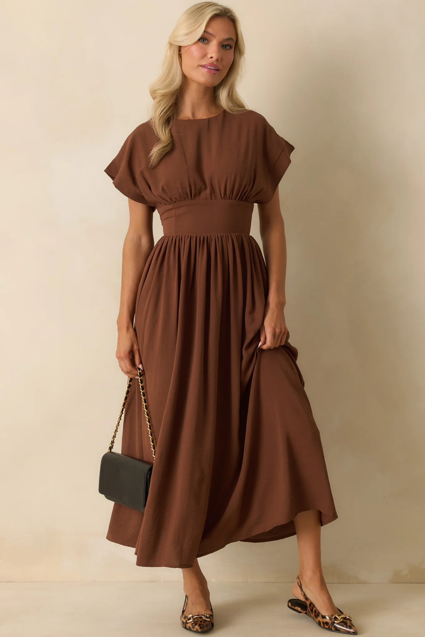 As Promised Brown Short Sleeve Cinched Waist Maxi Dress