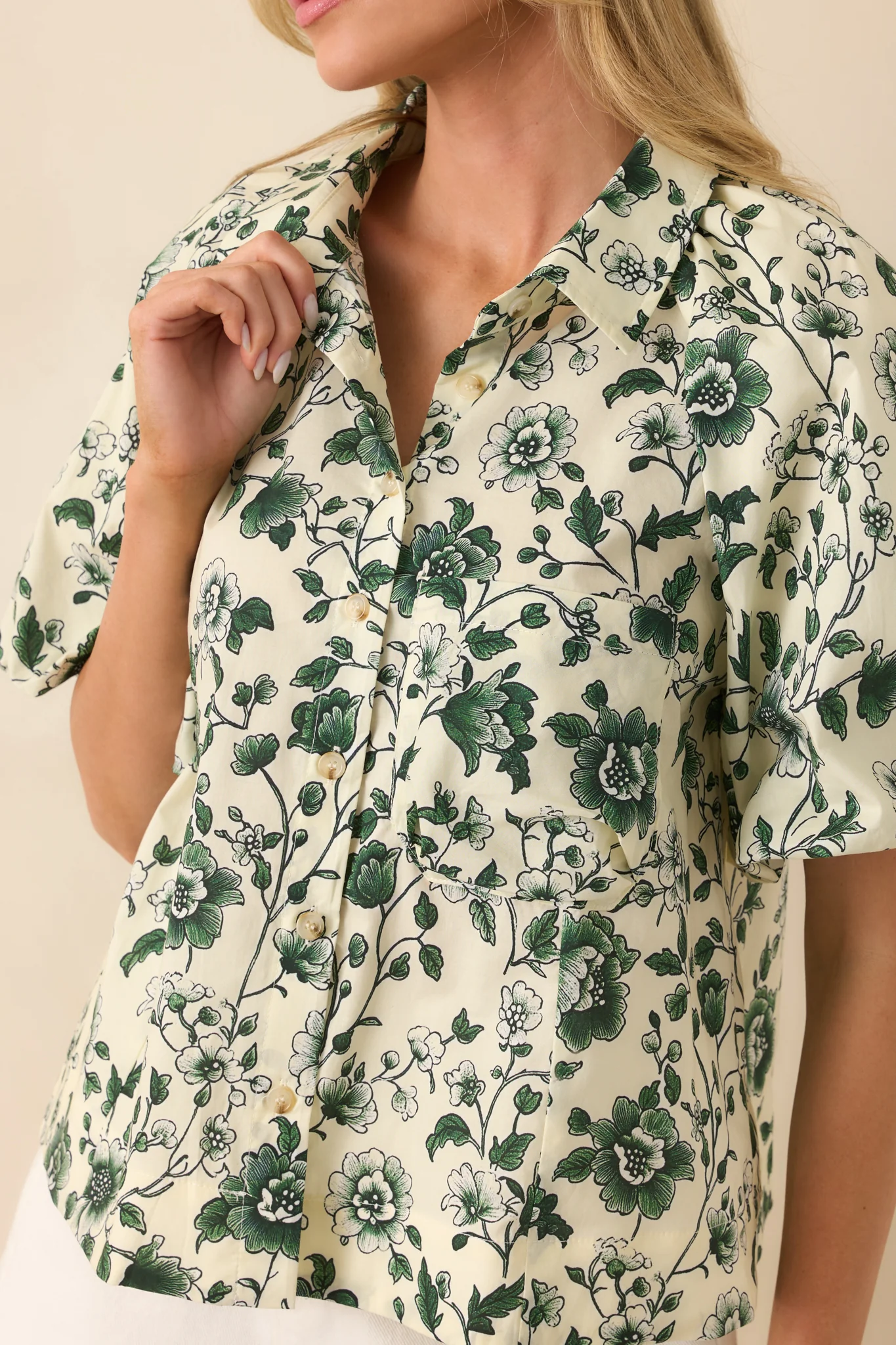 A Sweet Surprise Green Floral Print Cotton Puff Sleeve Top