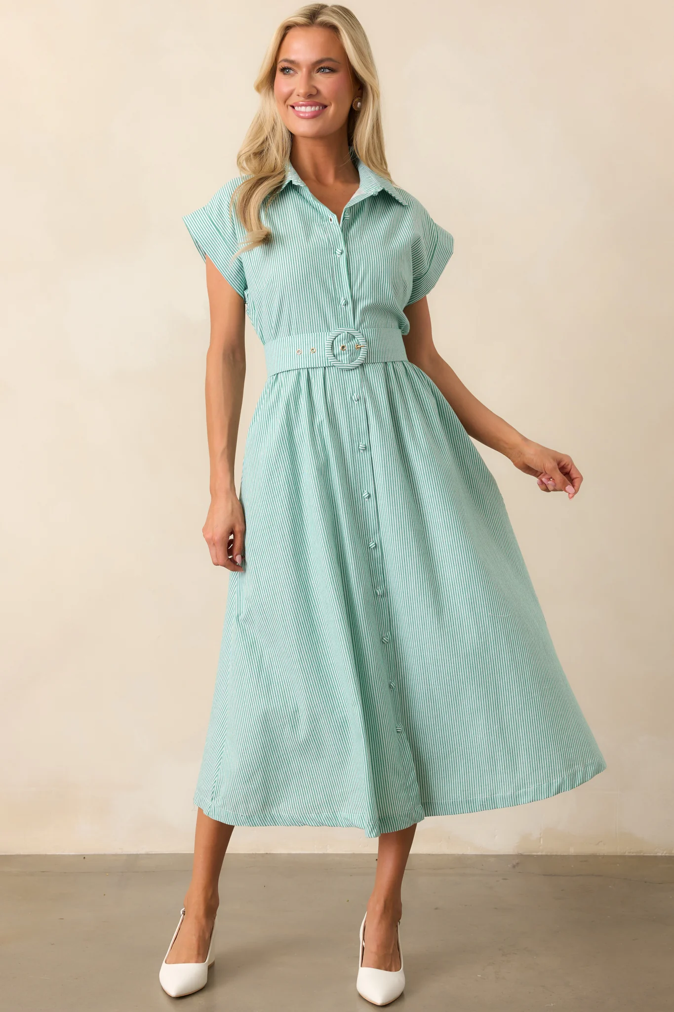 Gia Grass Green Stripe Belted Cotton Midi Dress