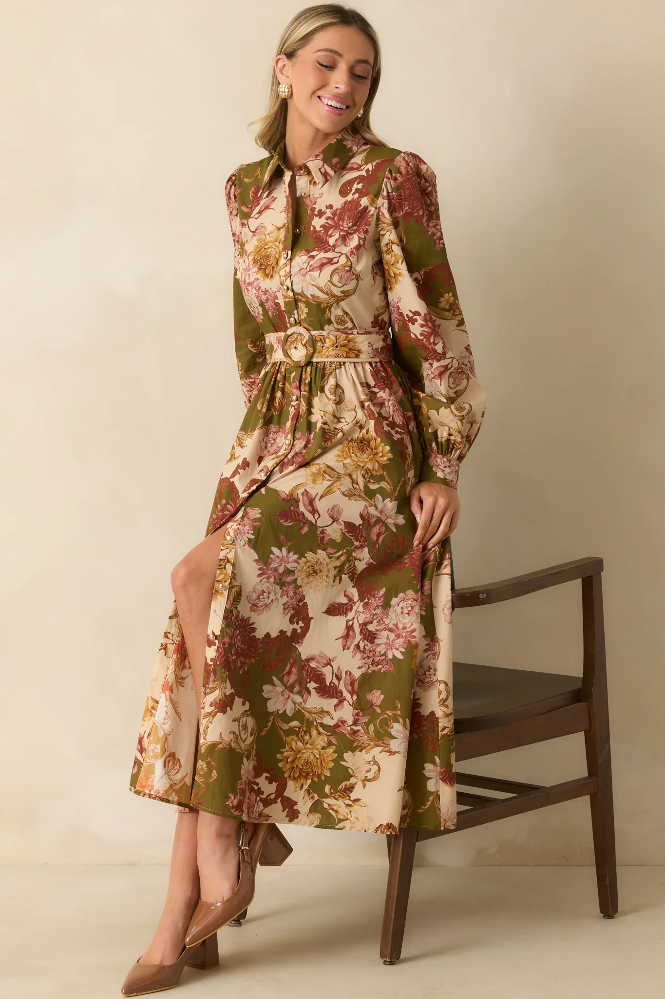 In The Works Olive Green Multi Floral Print Cotton Maxi Dress