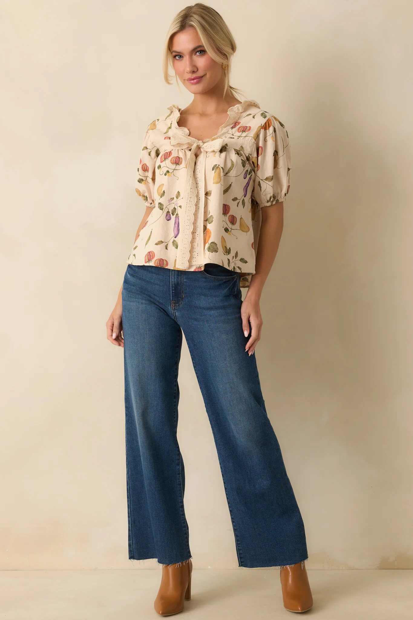 I Meant It Ivory Multi Vegetable Print Cotton Puff Sleeve Top