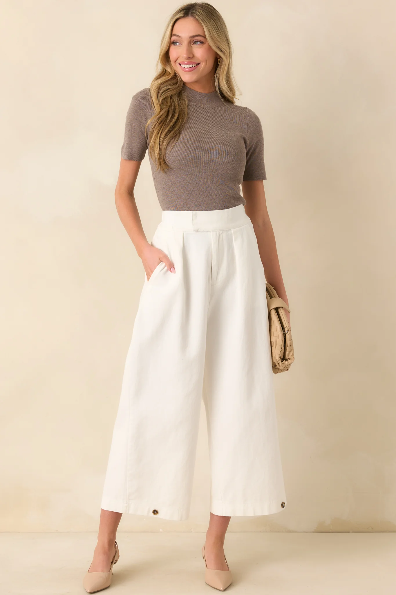 Without Thinking Dark Taupe Ribbed Mock Neck Short Sleeve Top