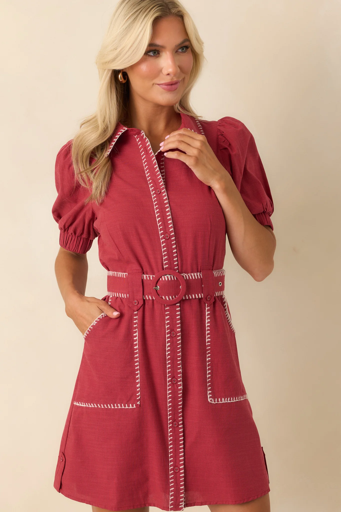 Heard It Before Burgundy Cotton Belted Mini Shirt Dress