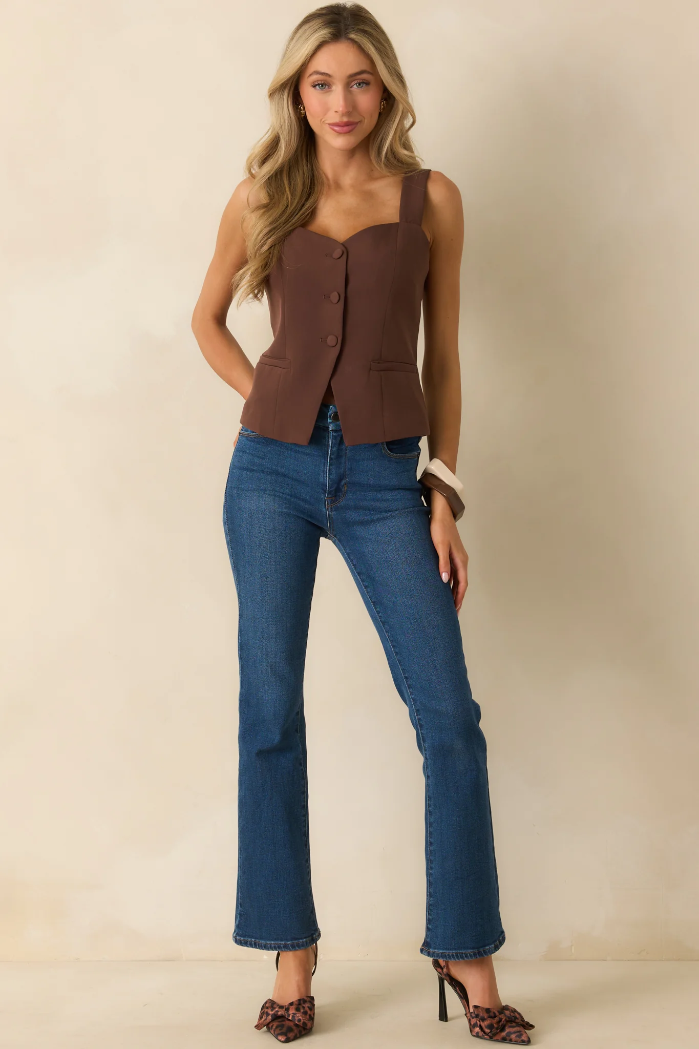 Sweet And Certain Chocolate Brown Button Front Waistcoat Top