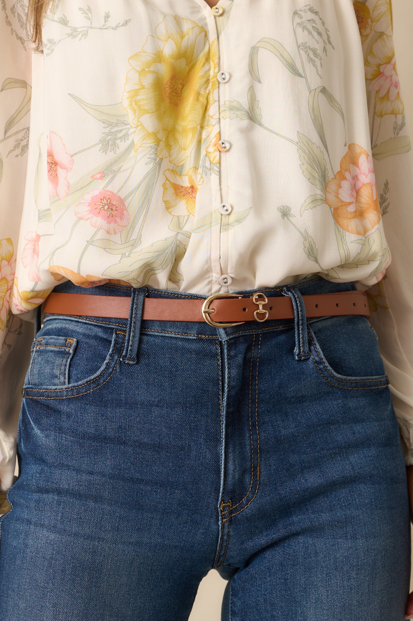 Here All Along Cognac Brown Faux Leather Horseshoe Buckle Belt