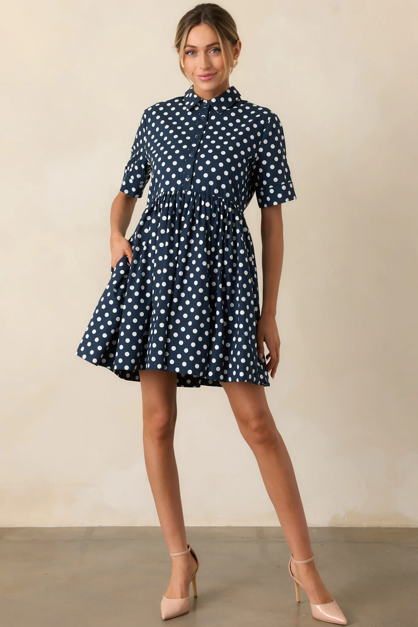 Prosperina Piper Navy Polka Dot Cotton Mini Dress