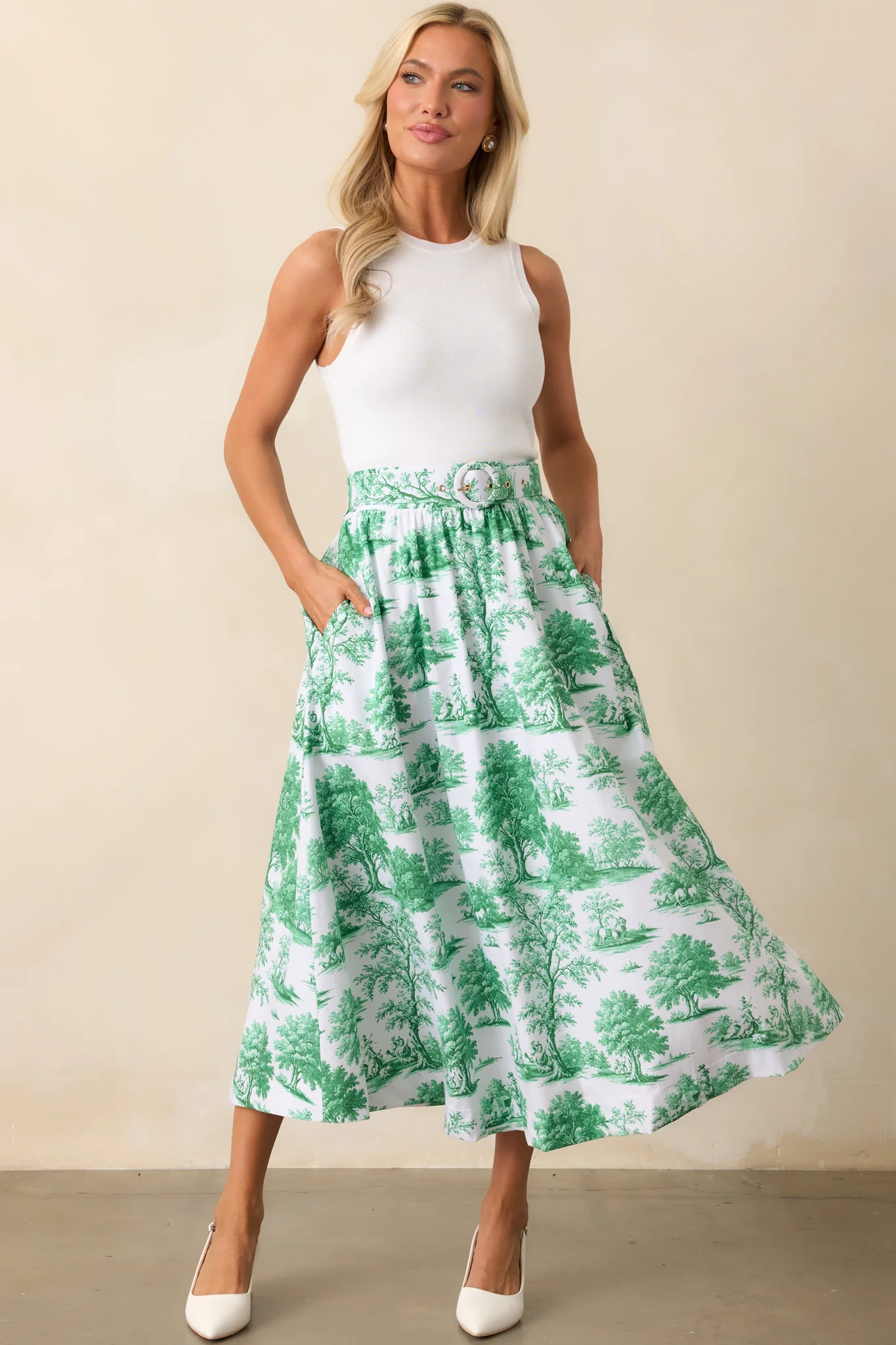 Thena Eden Green Toile Cotton Belted Midi Skirt