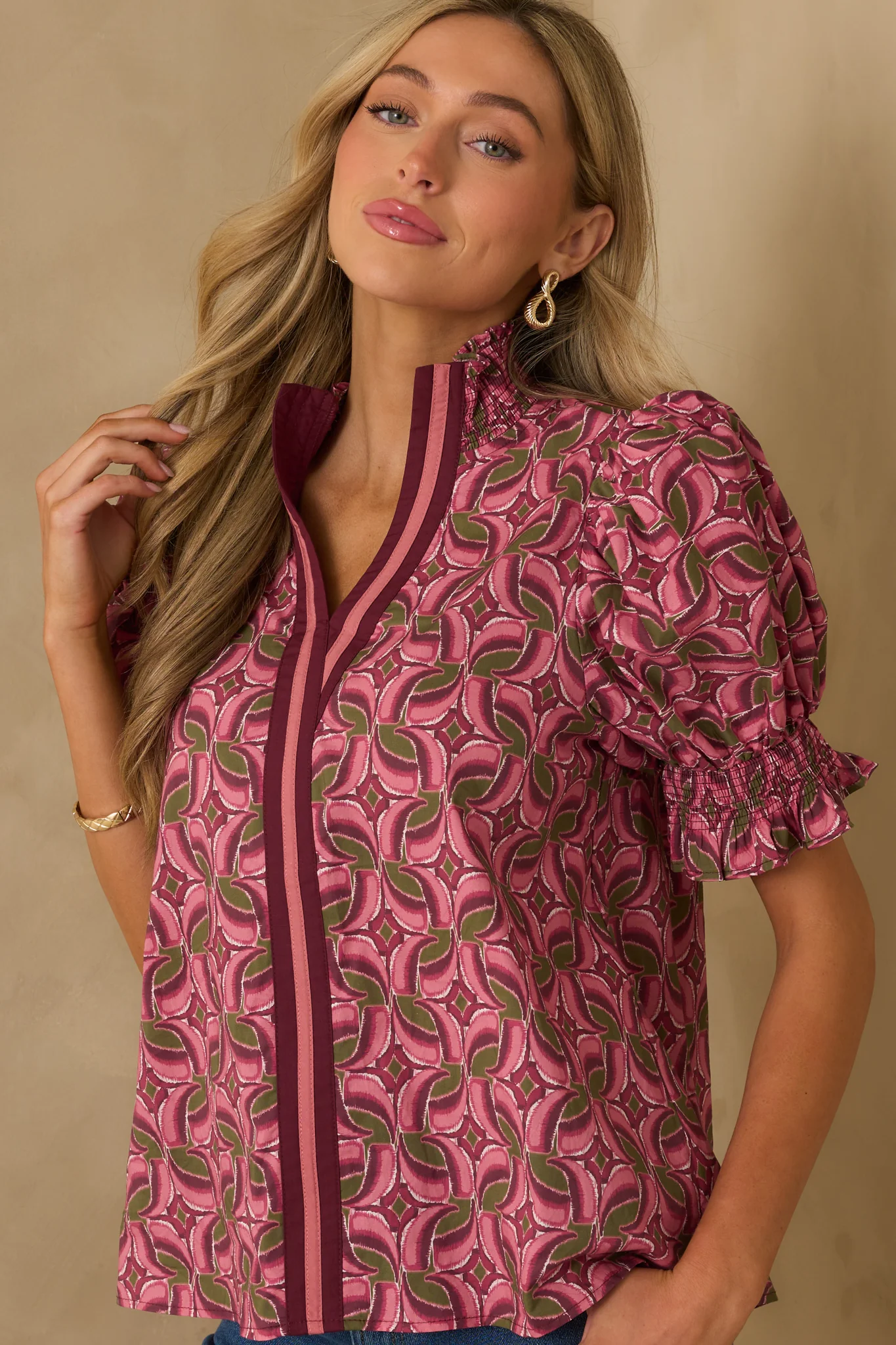A Gentle Soul Light Mauve Geometric Print Cotton Puff Sleeve Top