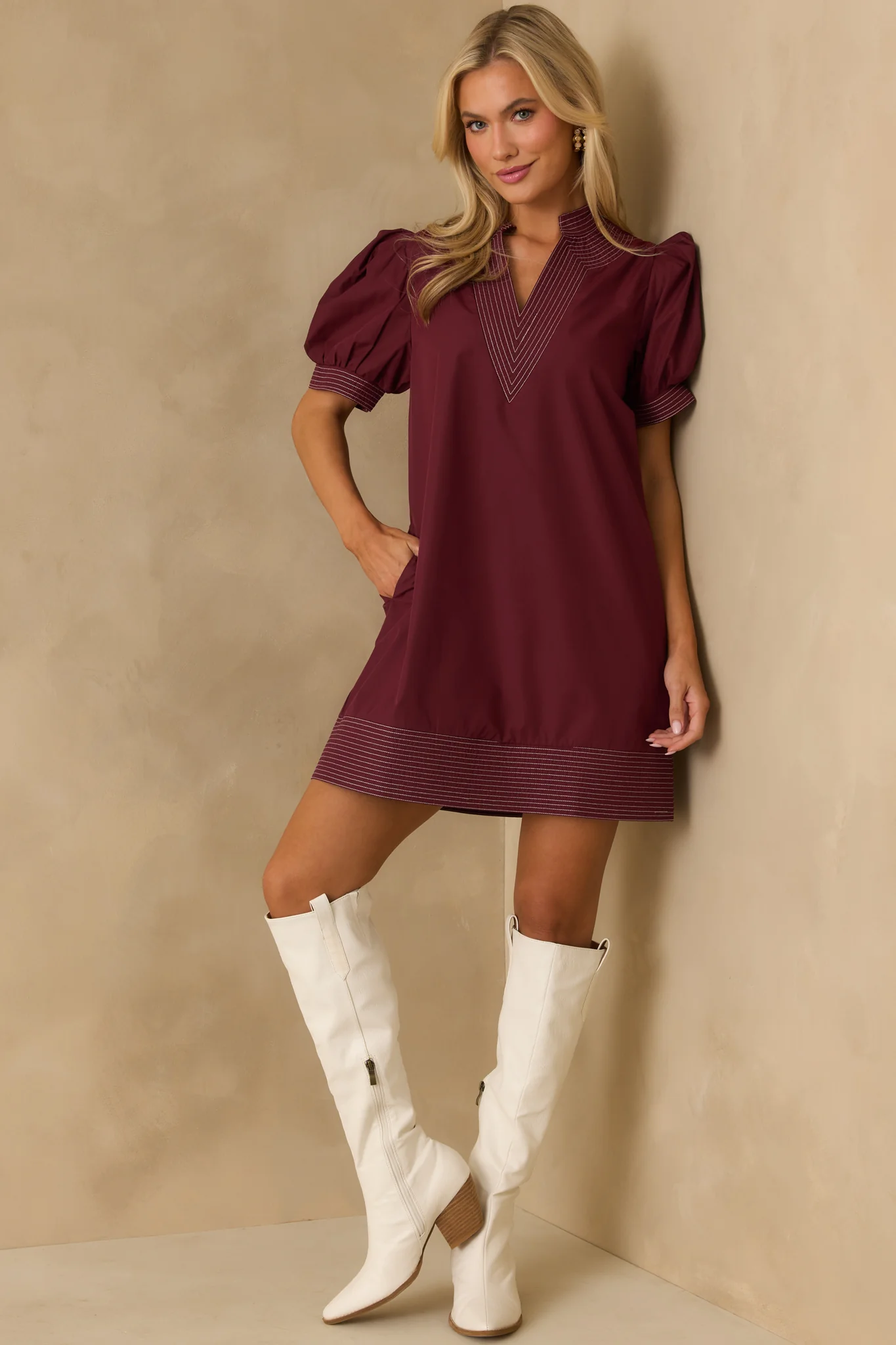 Took The Right Turn Burgundy Cotton Puff Sleeve Mini Dress
