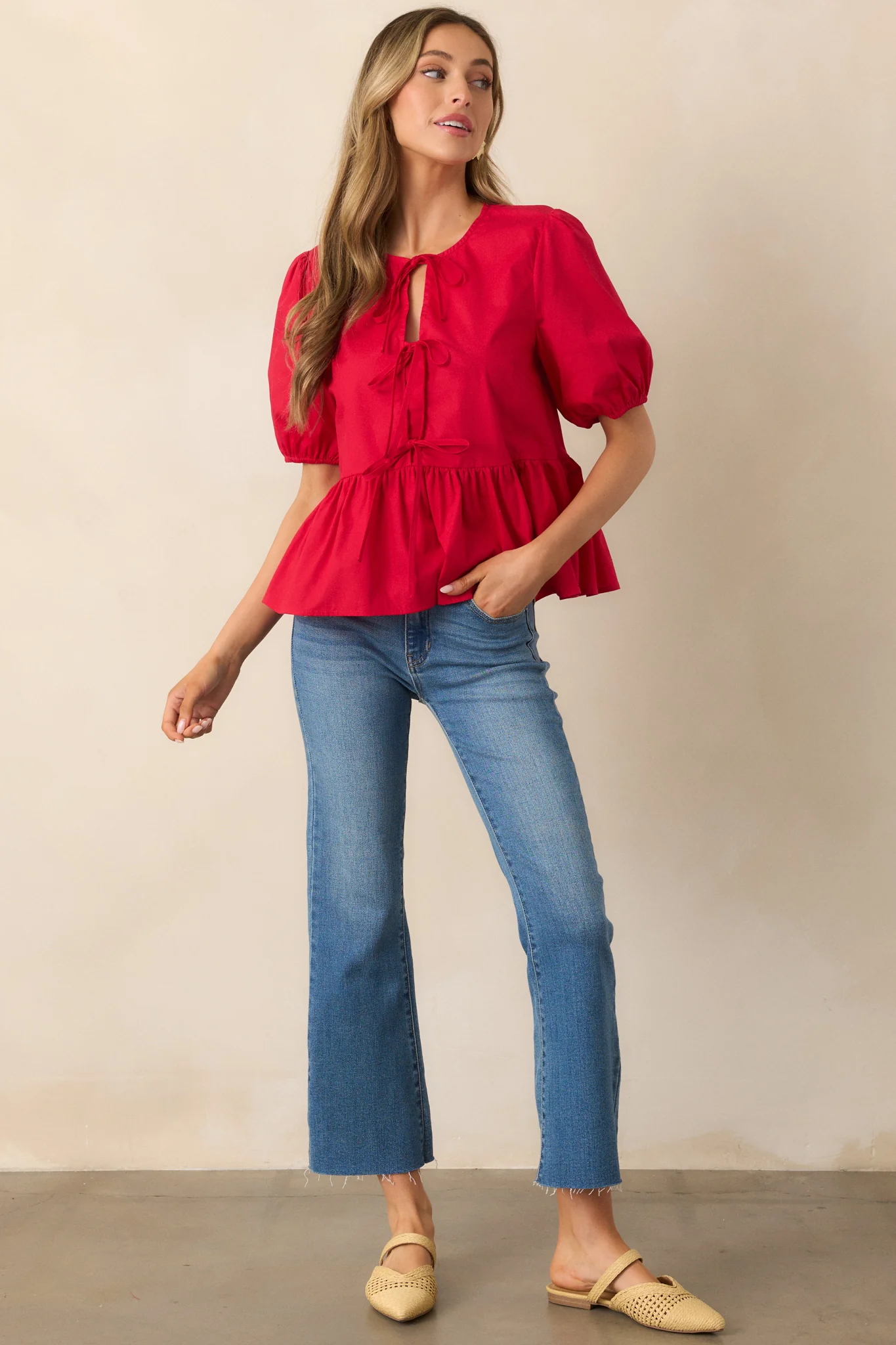 Something Special Red Cotton Bow Front Puff Sleeve Top
