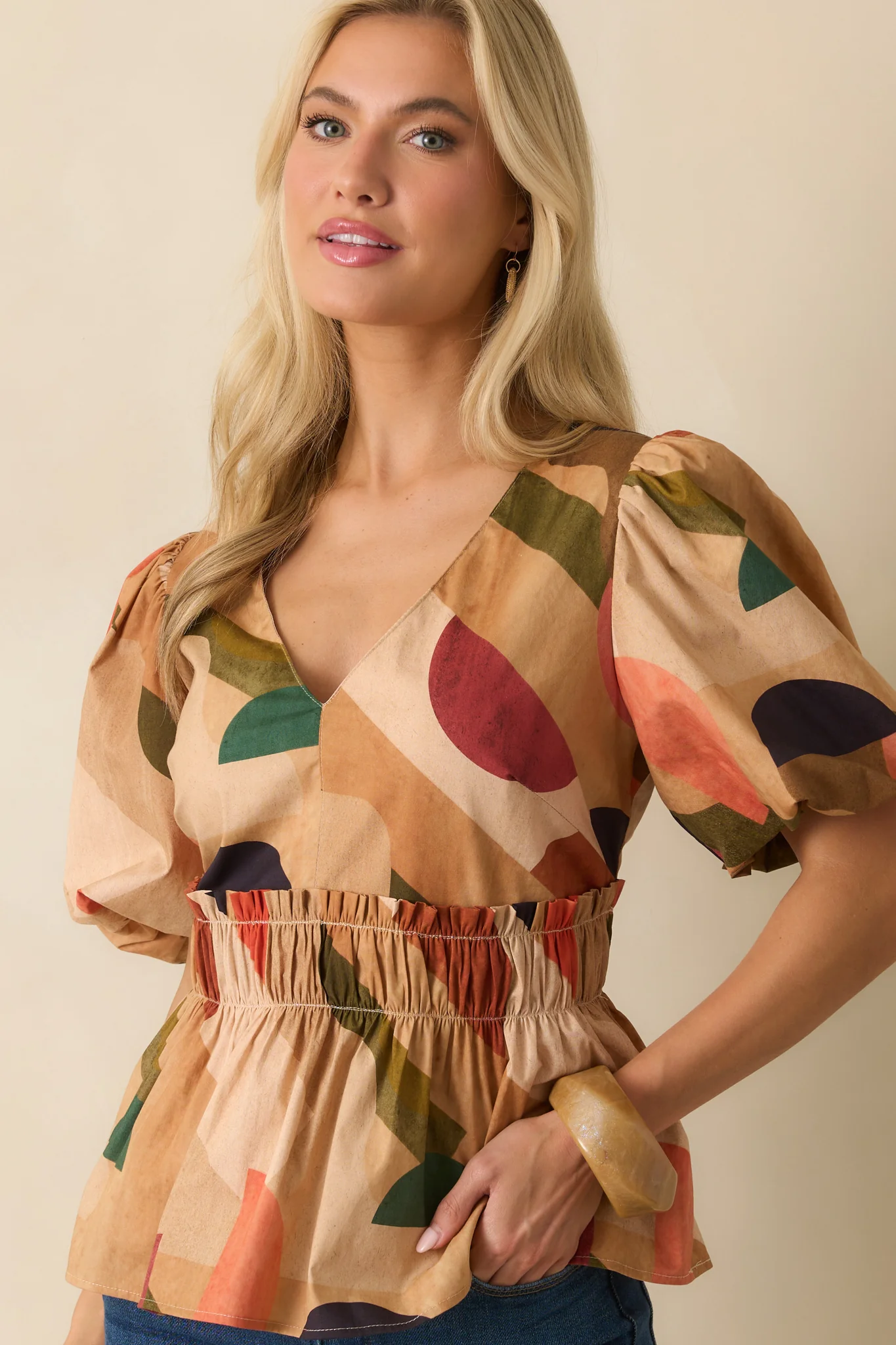 You’ll See Why Tan Multi Abstract Print Puff Sleeve Peplum Top