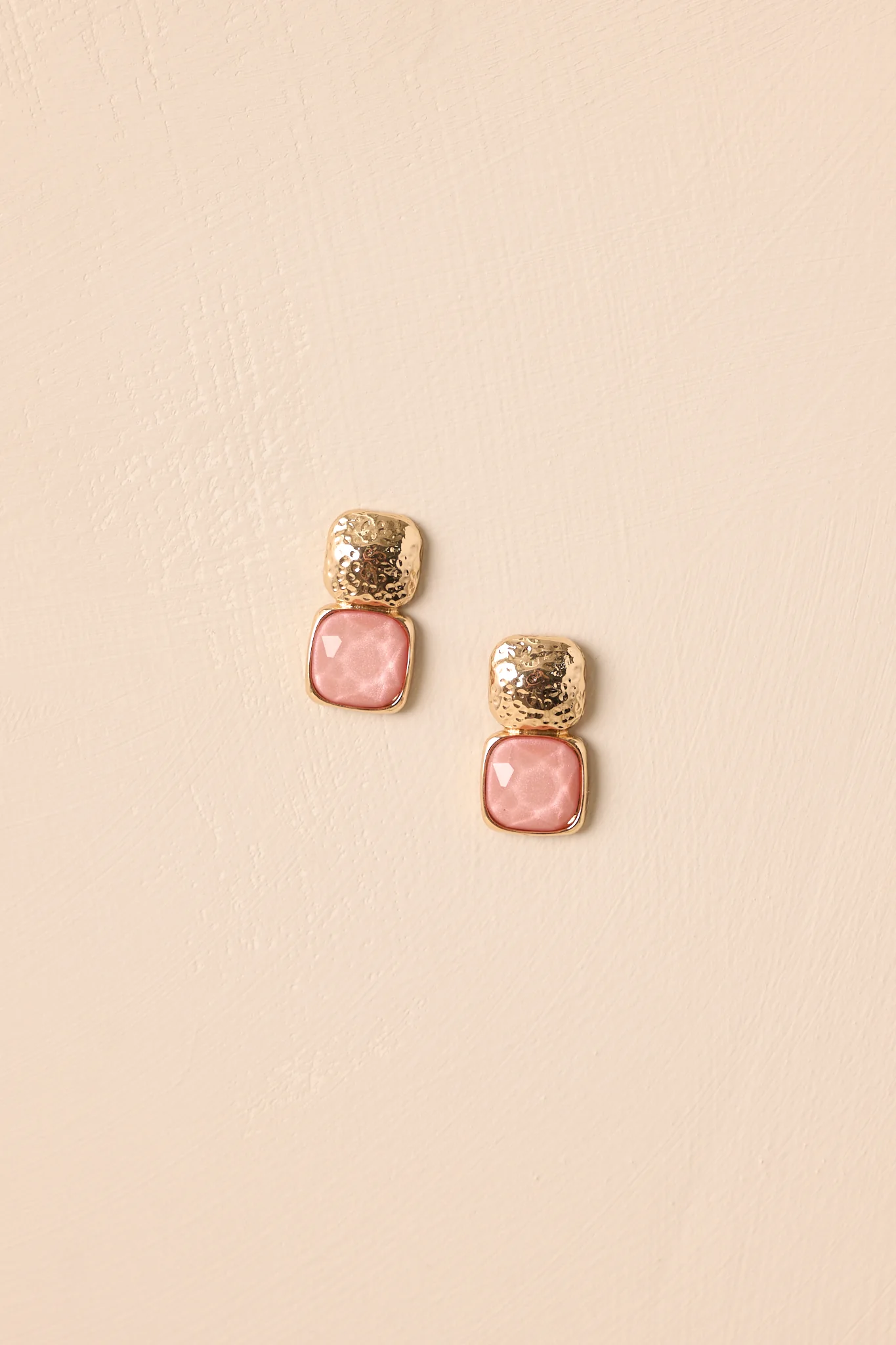 Can't Be Beat Gold Textured Pink Stone Earrings