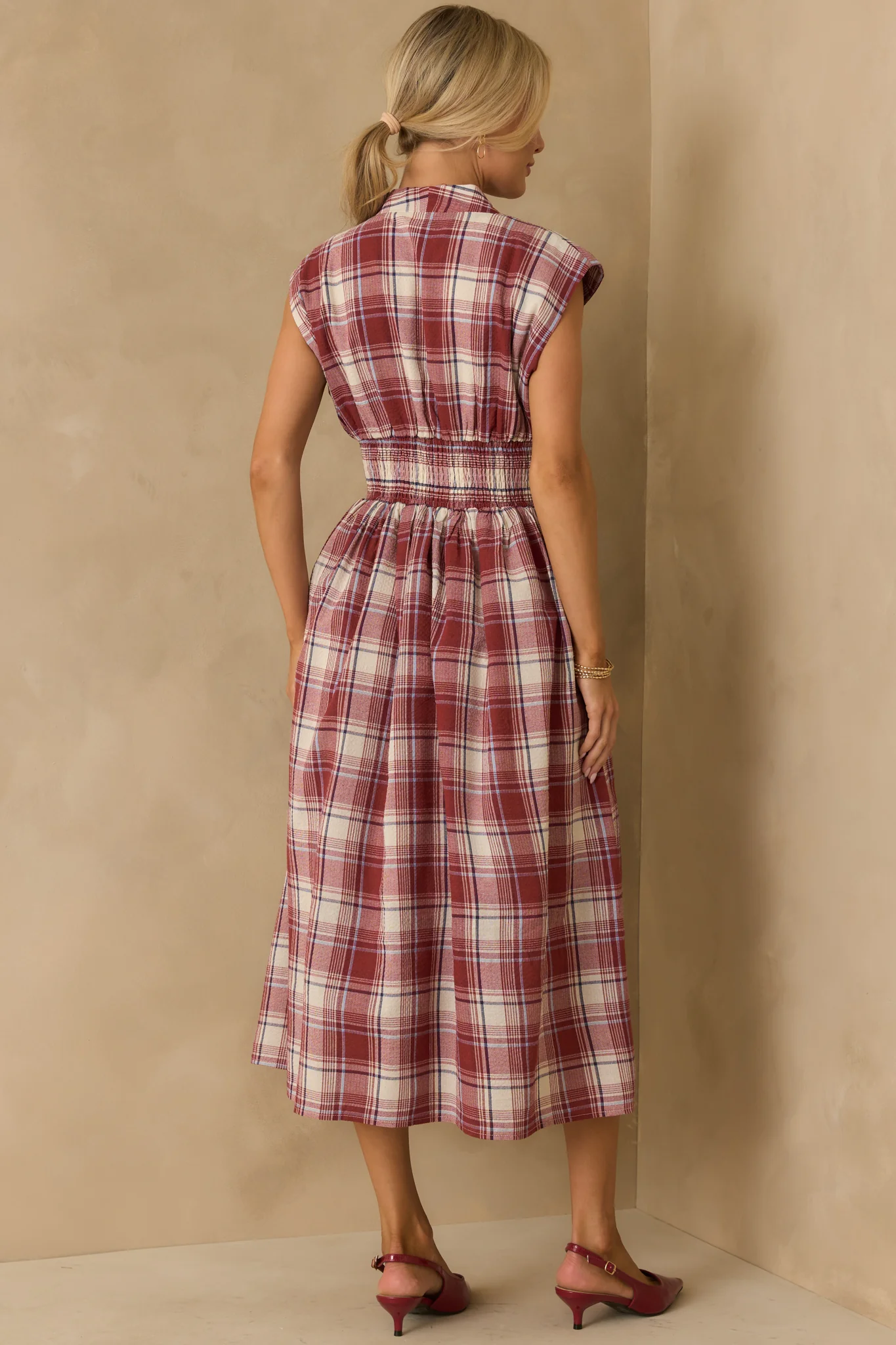 The Evette Red Tartan Plaid Cotton Zip Front Midi Dress