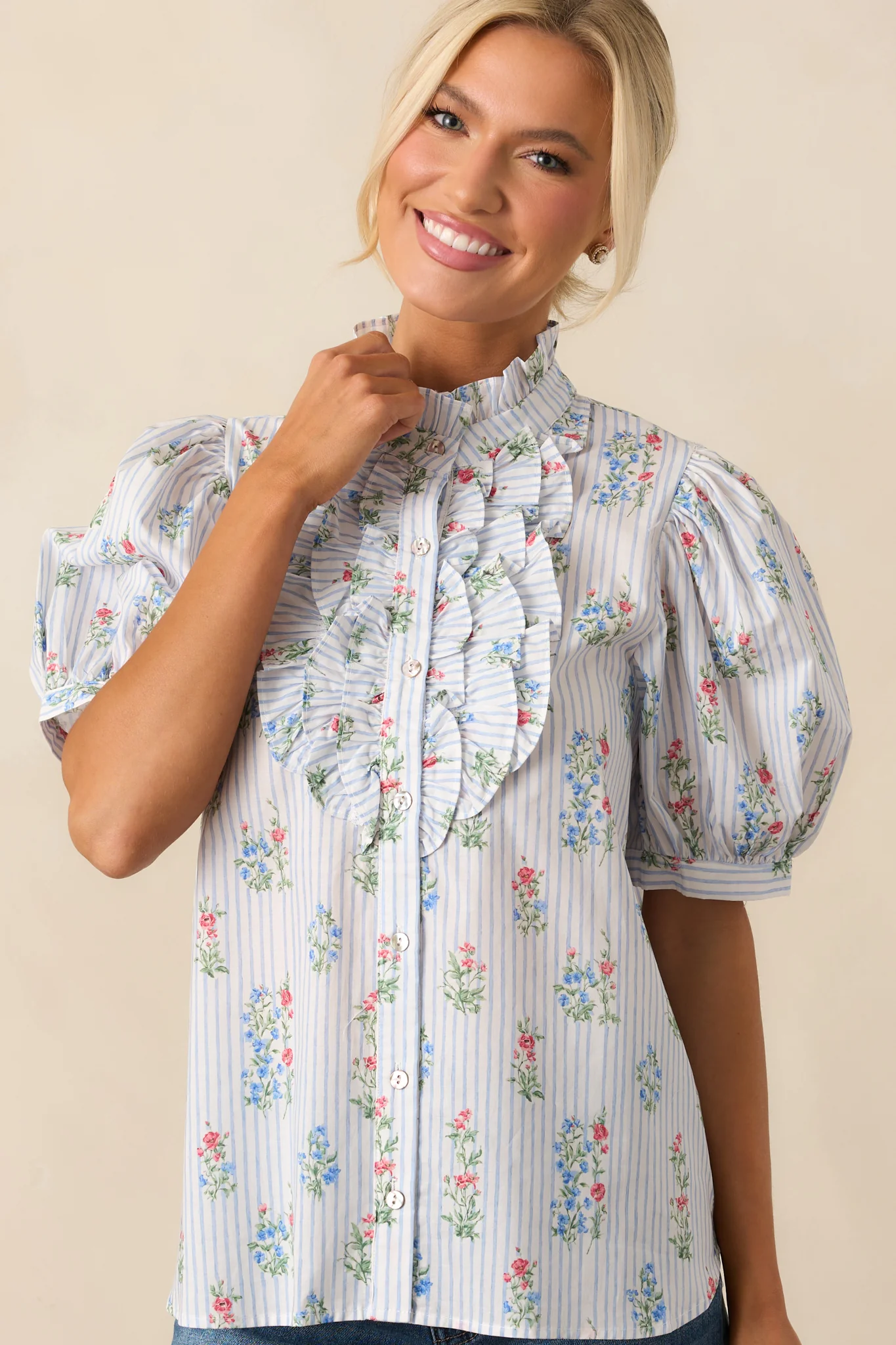 Things Happen Light Blue Stripe Floral Cotton Button Front Top