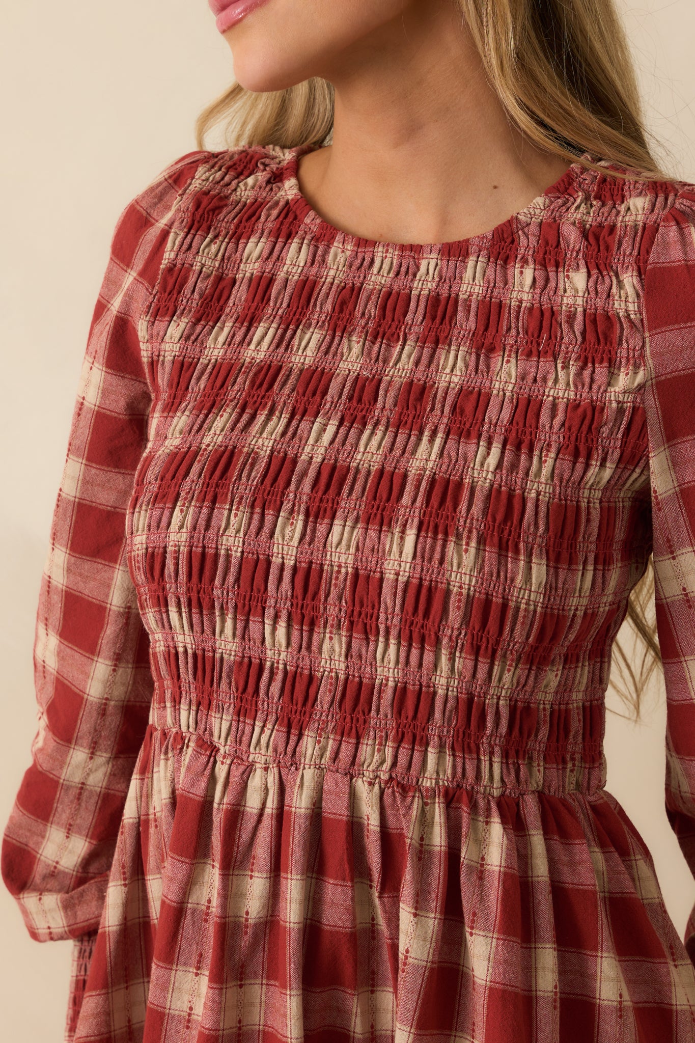 By All Means Brick Red Gingham Cotton Long Sleeve Mini Dress
