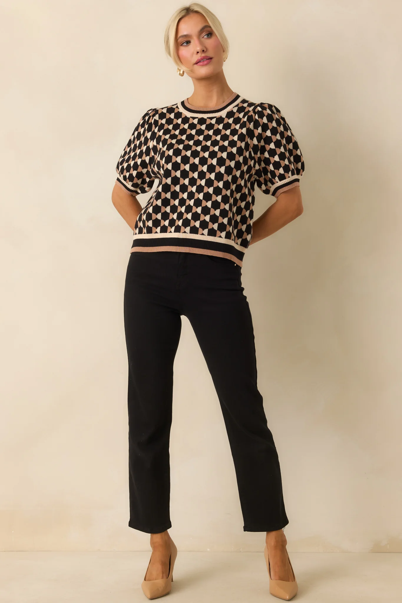All Comes Together Black Multi Geometric Print Puff Sleeve Knit Top