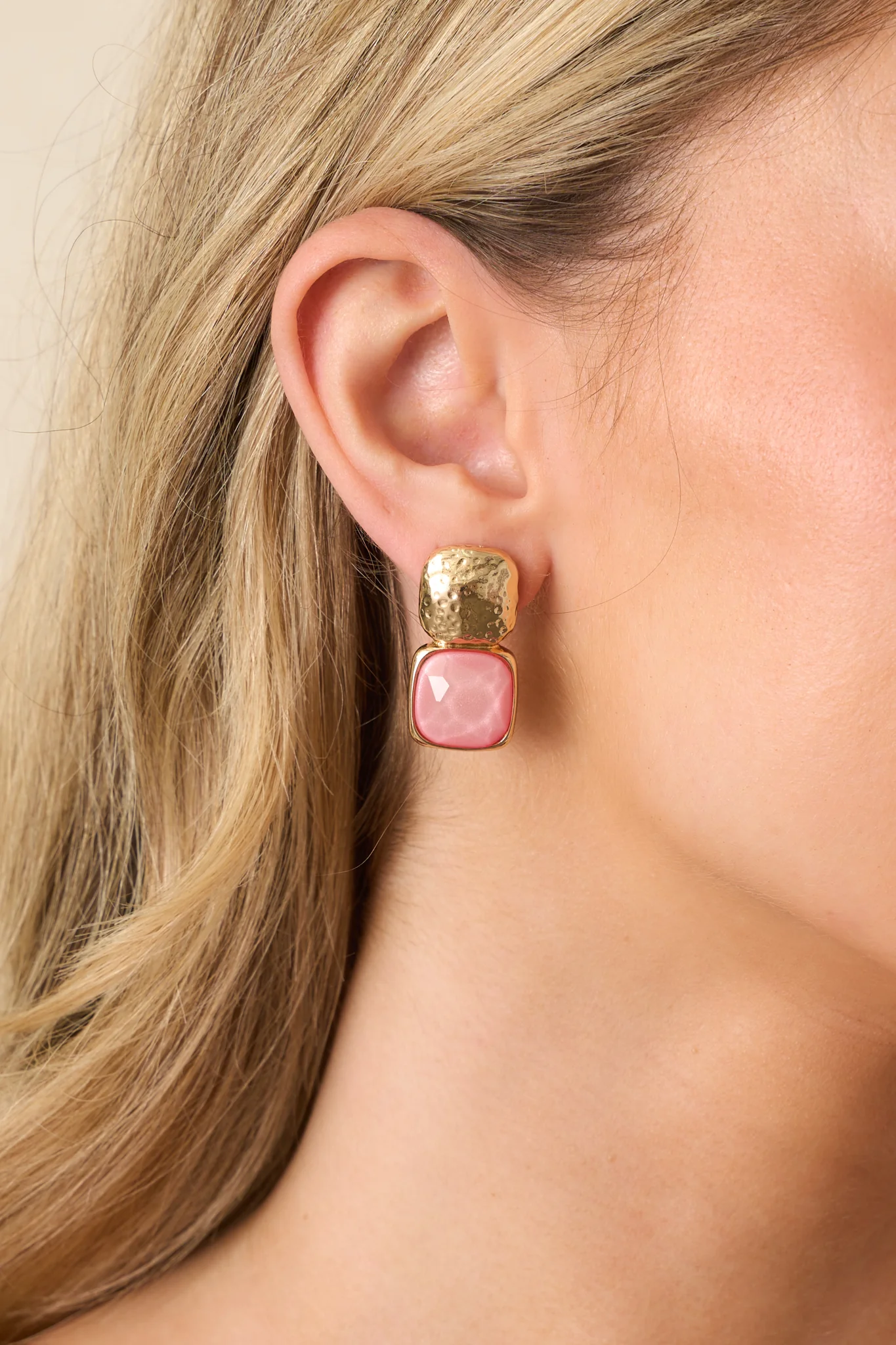 Can't Be Beat Gold Textured Pink Stone Earrings
