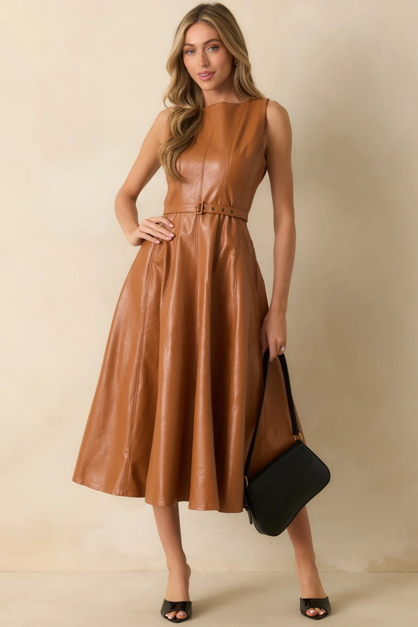 Caramel Brown Faux Leather Belted Maxi Dress