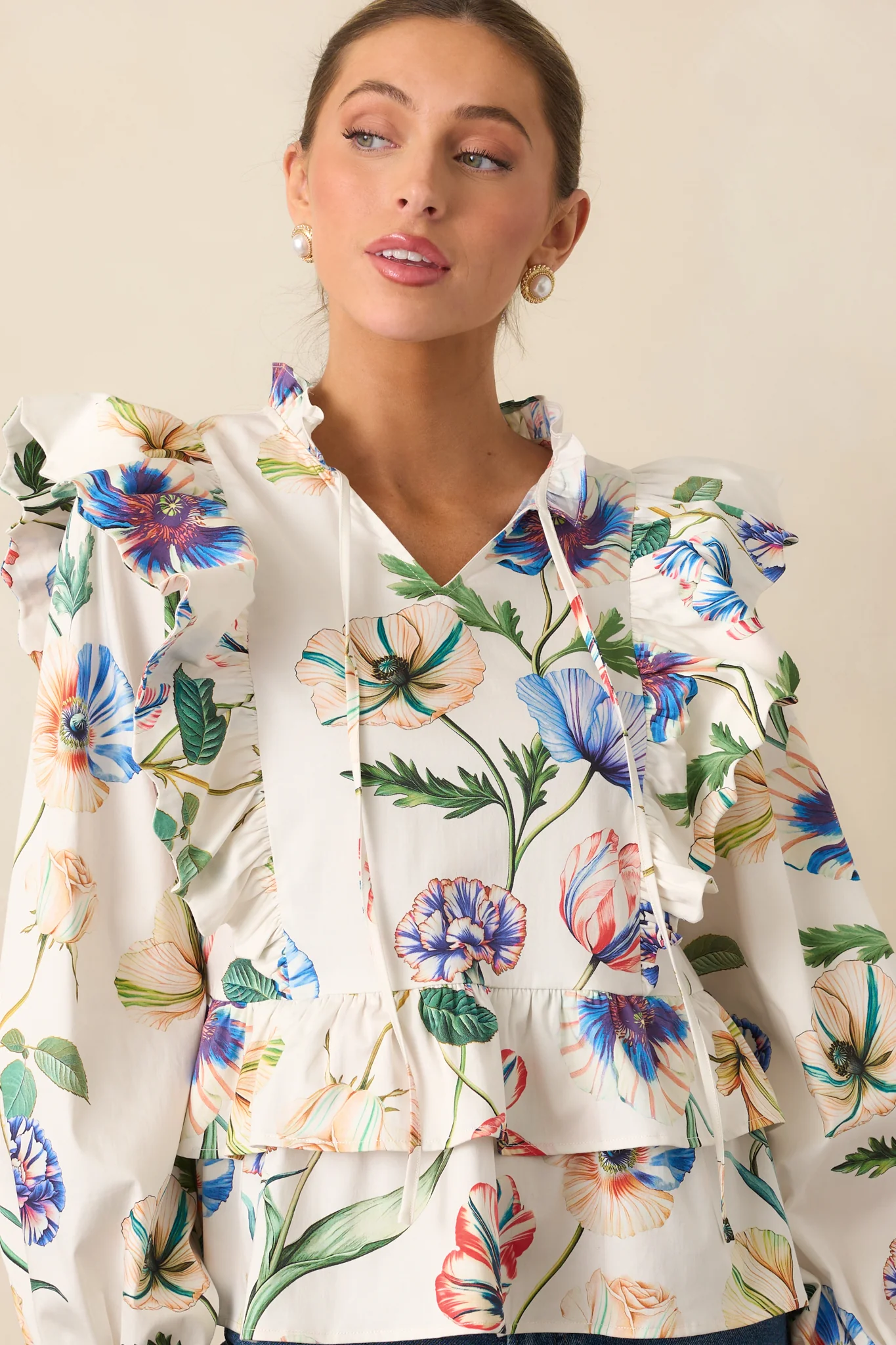 Prosperina Faye Ivory Multi Floral Print Cotton Ruffle Top