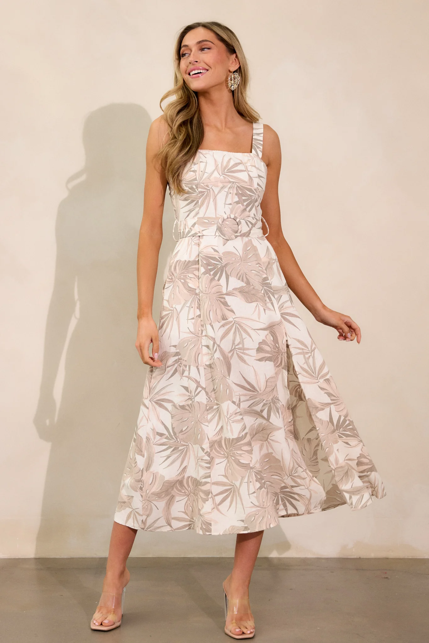 As You Know Tan Tropical Print Belted Maxi Dress