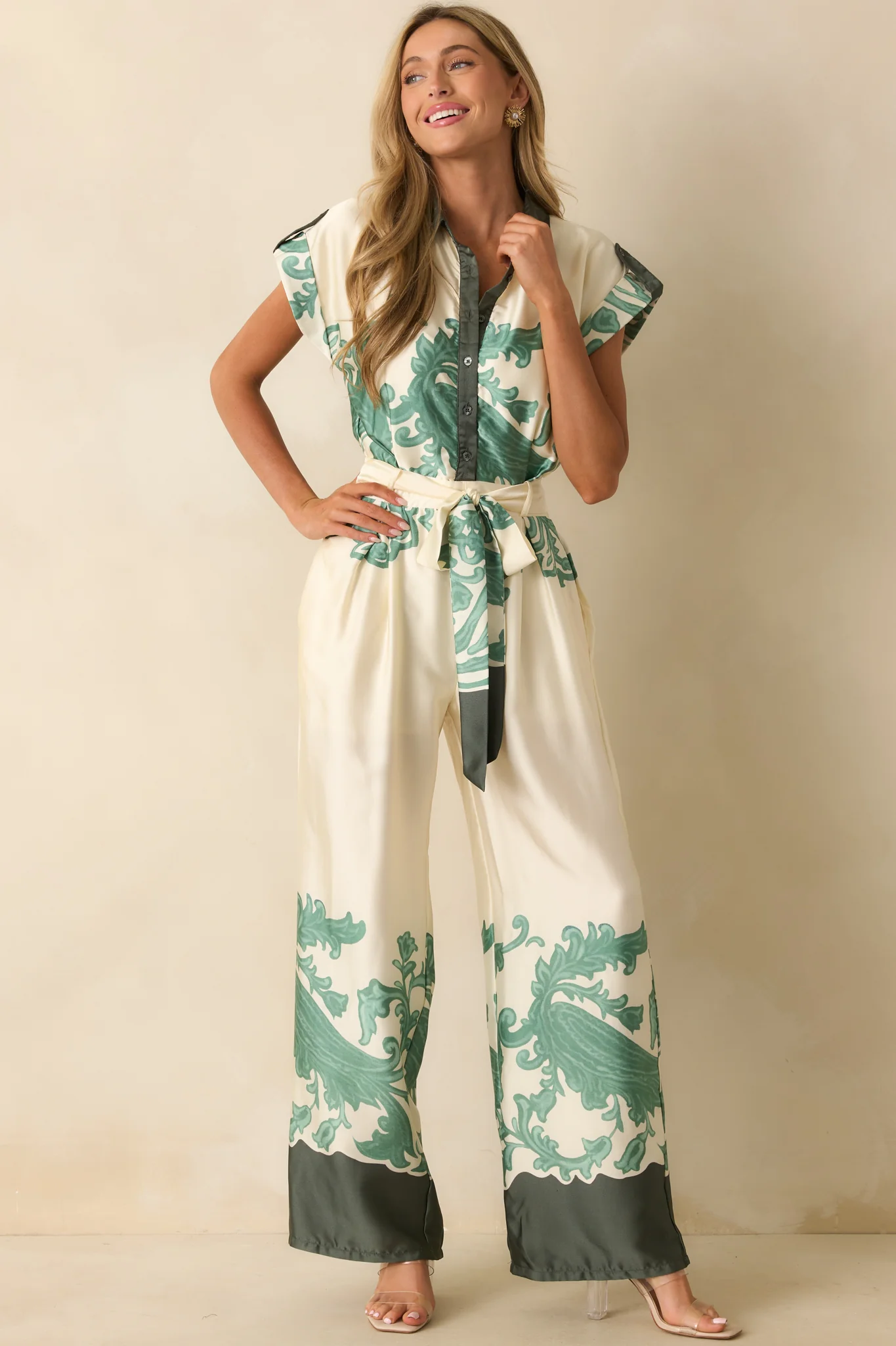 Green Multi Print Button-Up Wide-Leg Jumpsuit