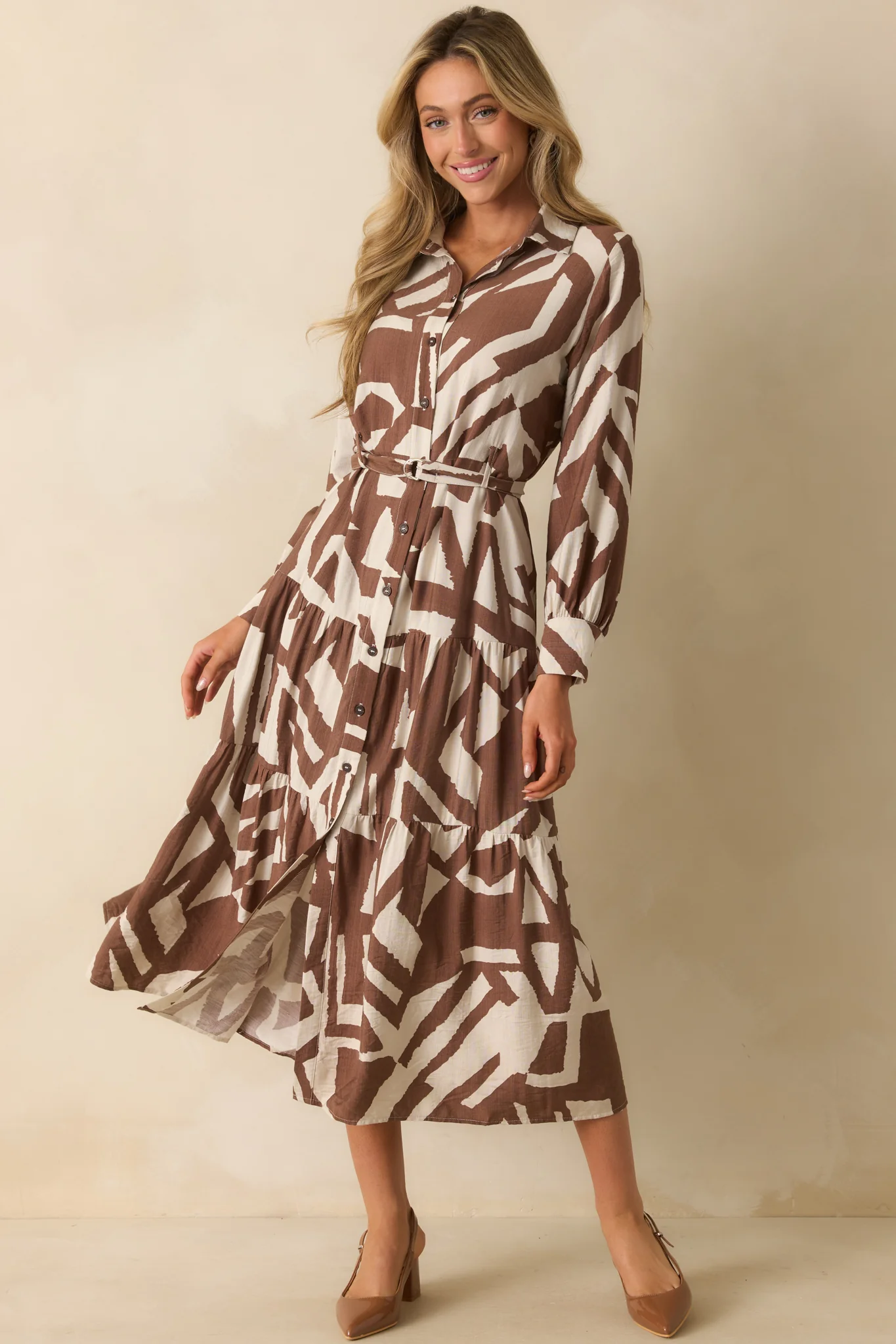 Straight To The Point Brown Abstract Print Belted Maxi Shirt Dress