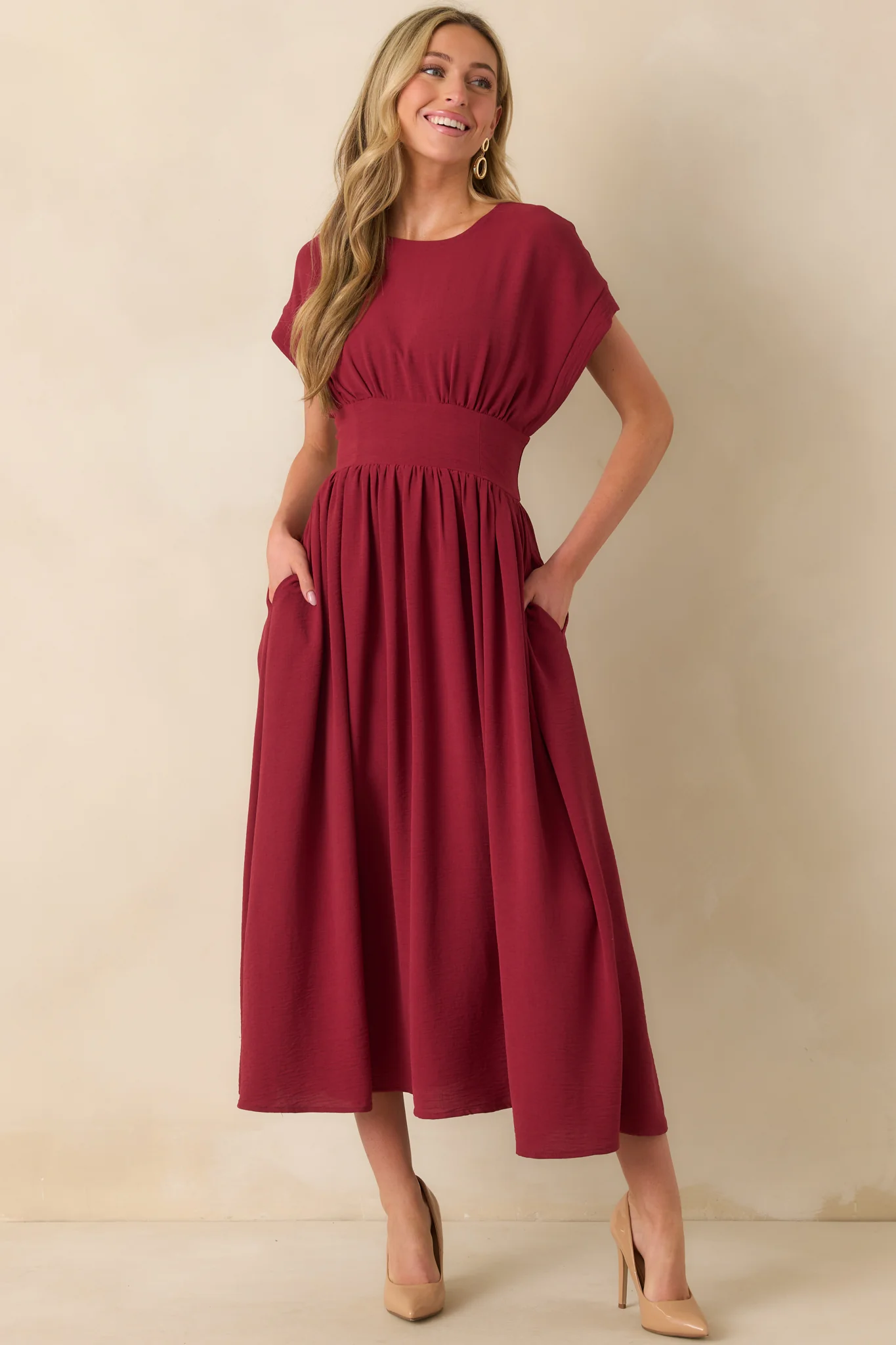 Faded Photographs Burgundy Chiffon Cap Sleeve Maxi Dress