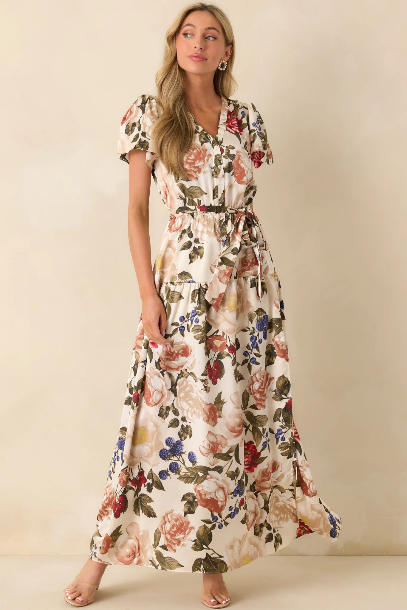 Staying True Ivory Multi Floral Print Satin Maxi Dress