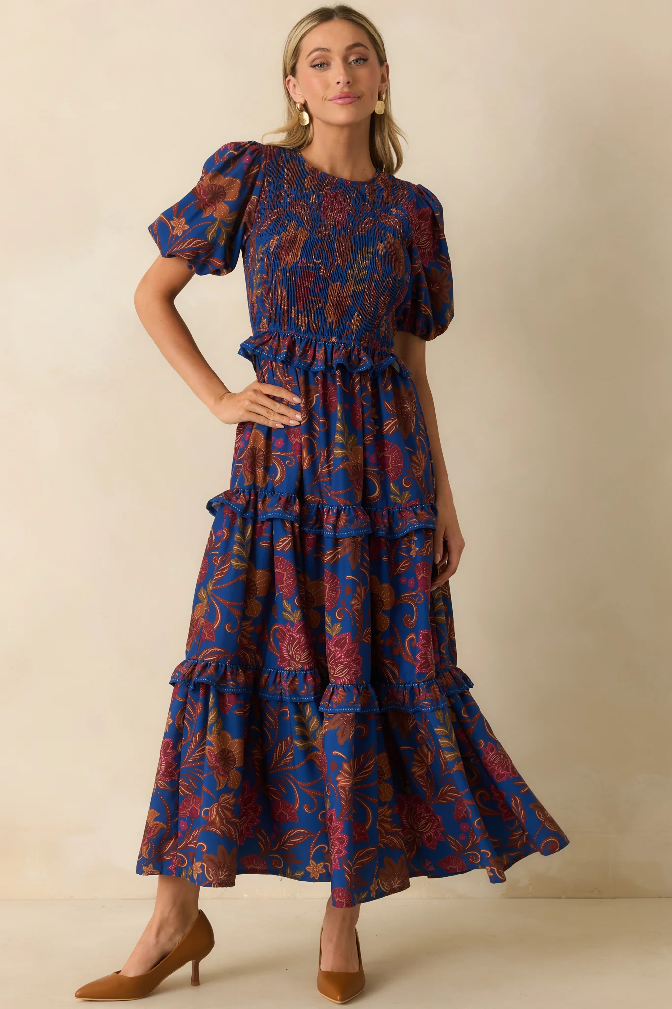 Navy Multi Floral Print Puff Sleeve Maxi Dress