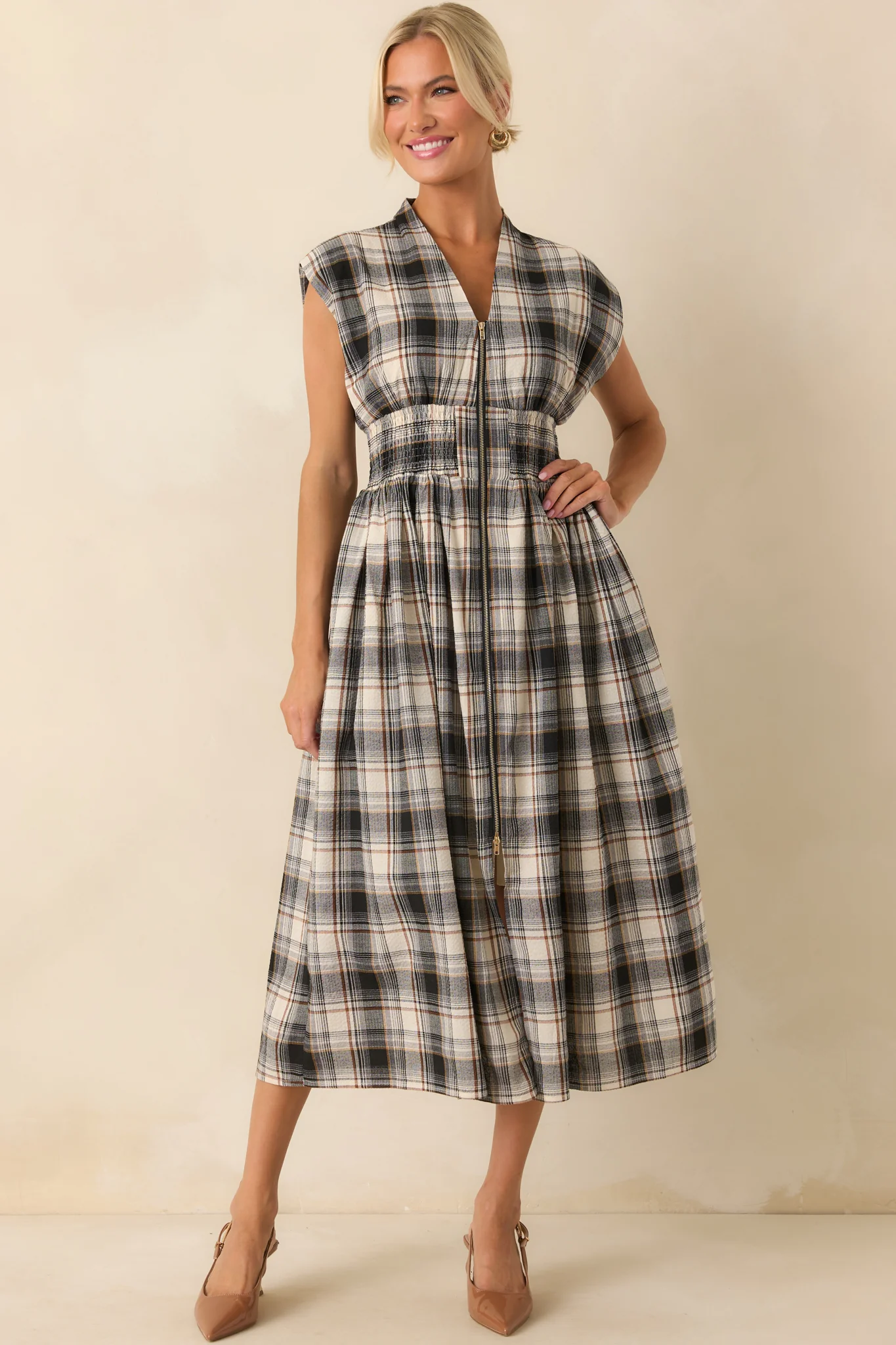 The Evette Black Tartan Plaid Cotton Zip Front Midi Dress