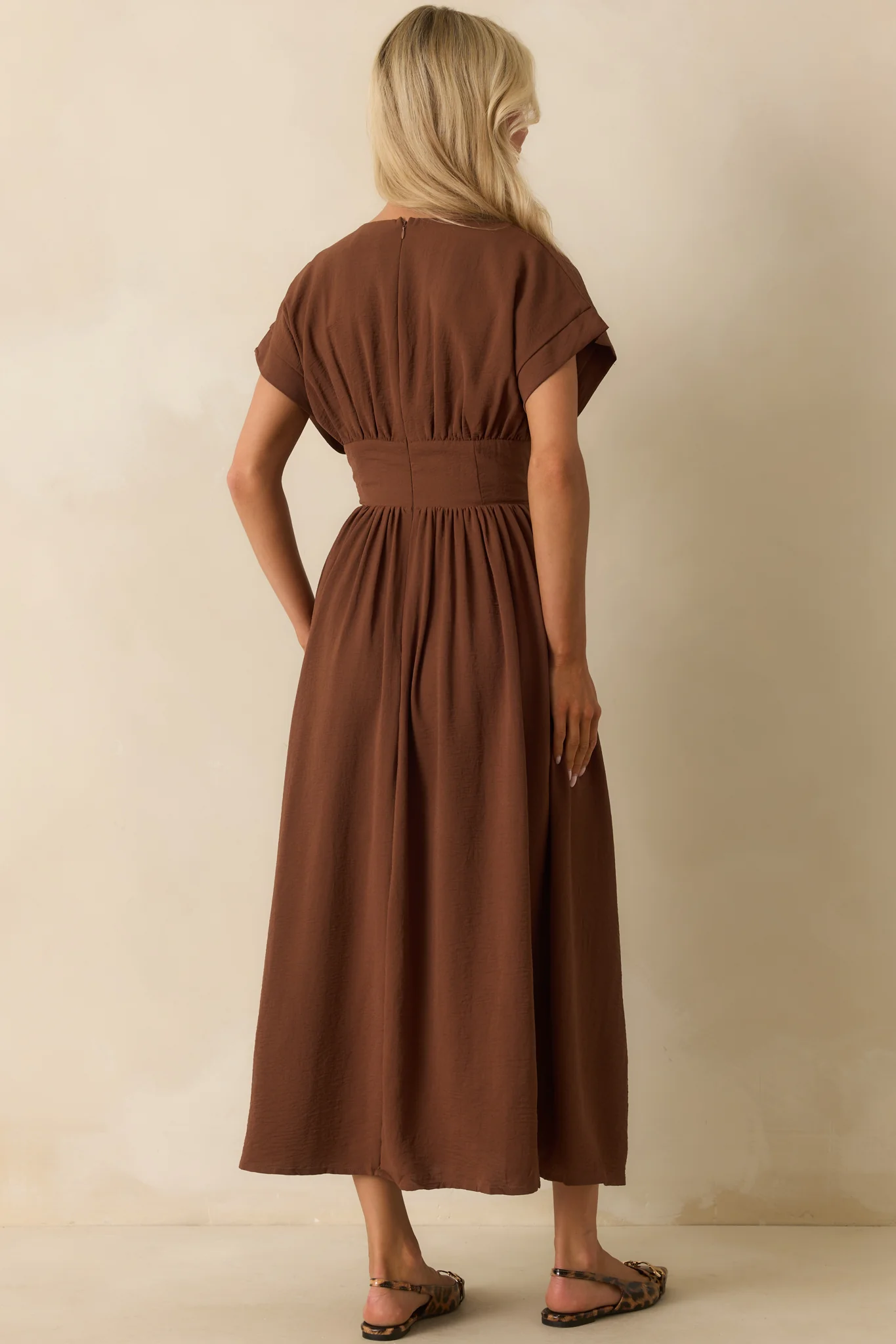 As Promised Brown Short Sleeve Cinched Waist Maxi Dress