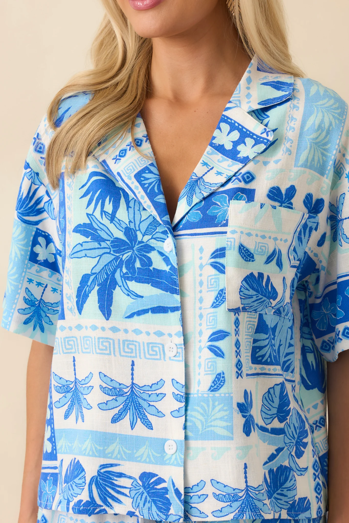 Feels Like Me Blue Tropical Patchwork Print Button Front Top