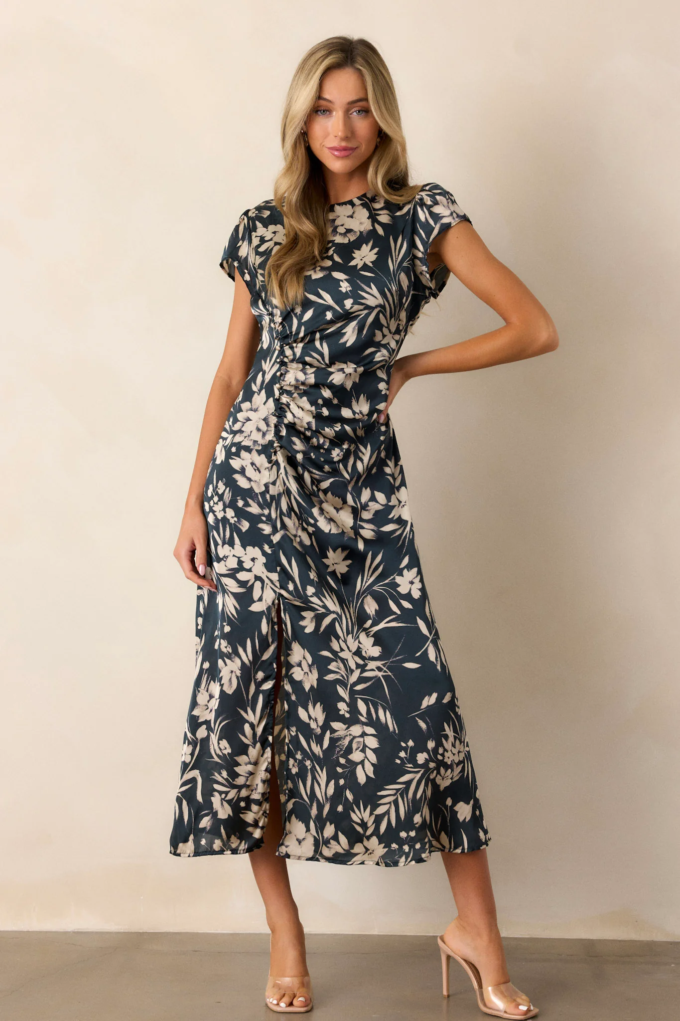 Silver Springs Dark Teal Floral Satin Midi Dress