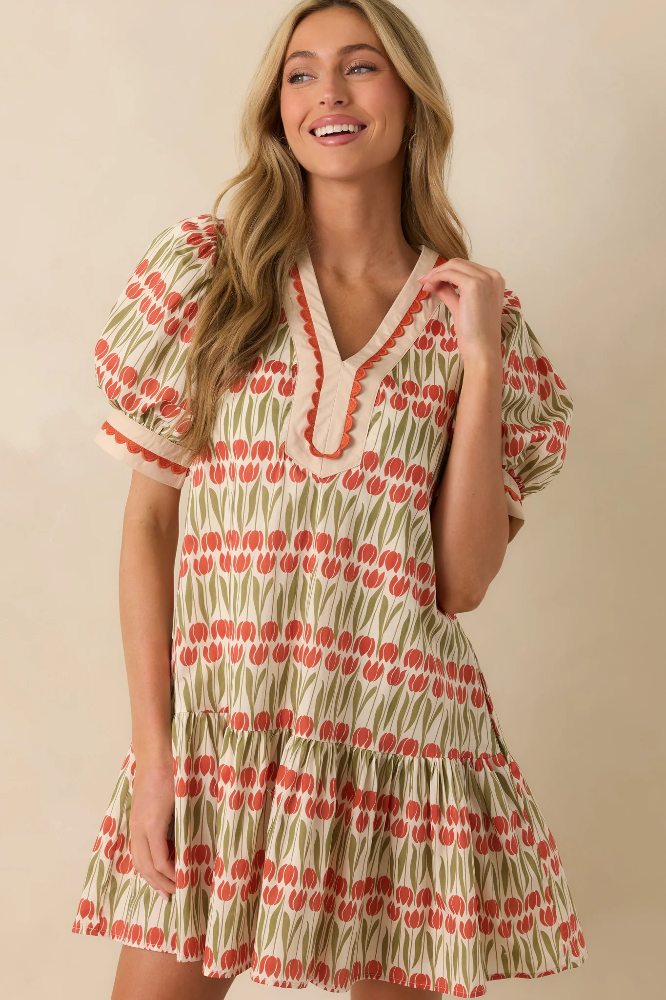 Simply Hers Ivory Tulip Floral Print Cotton Puff Sleeve Mini Dress