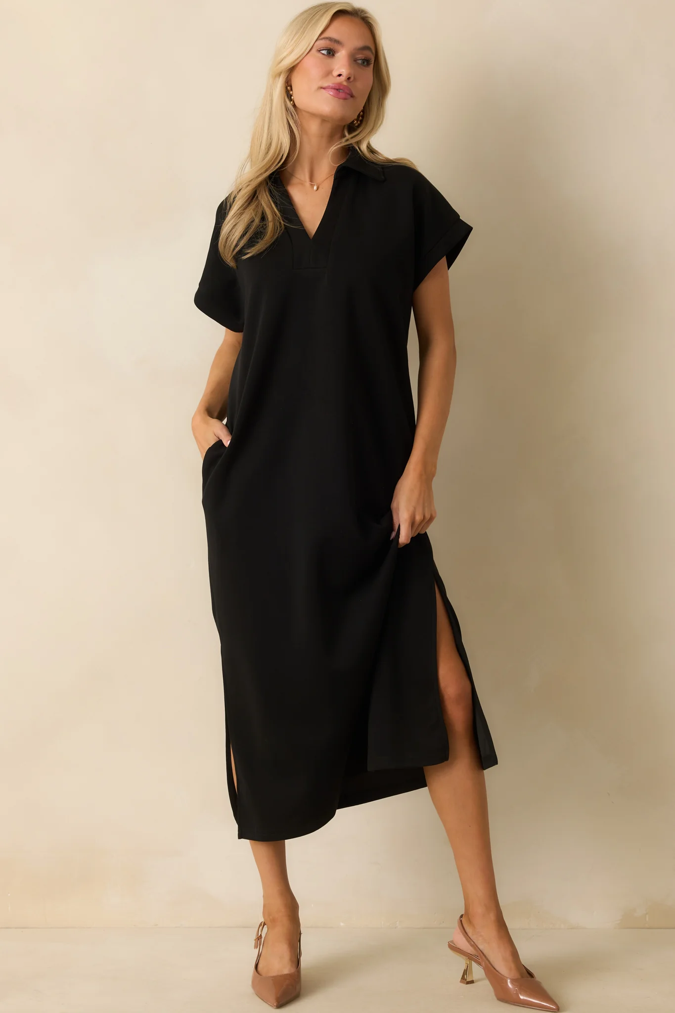 Made The Right Call Black Collared Midi T-Shirt Dress