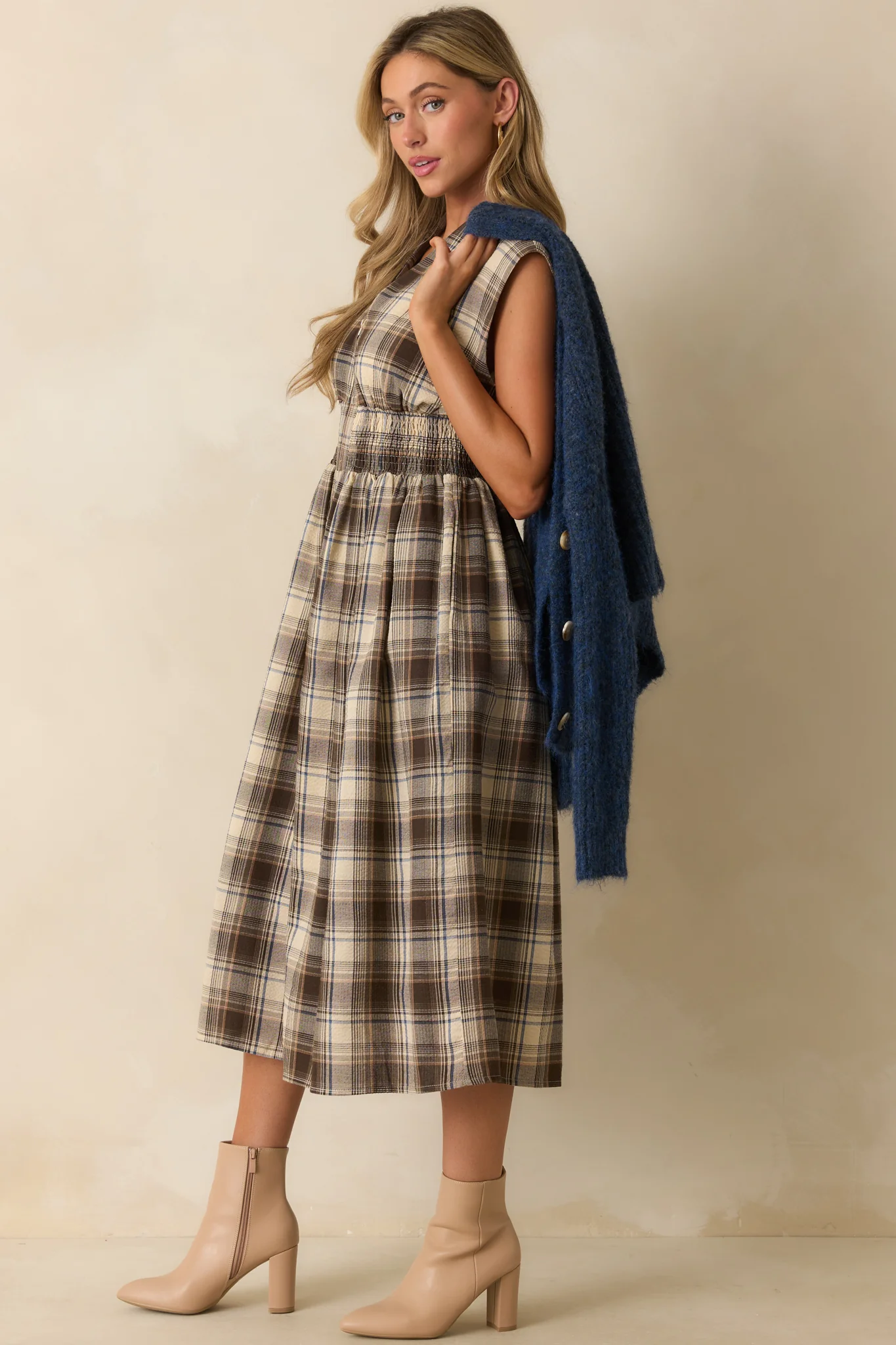 The Evette Mocha Brown Tartan Plaid Cotton Zip Front Midi Dress