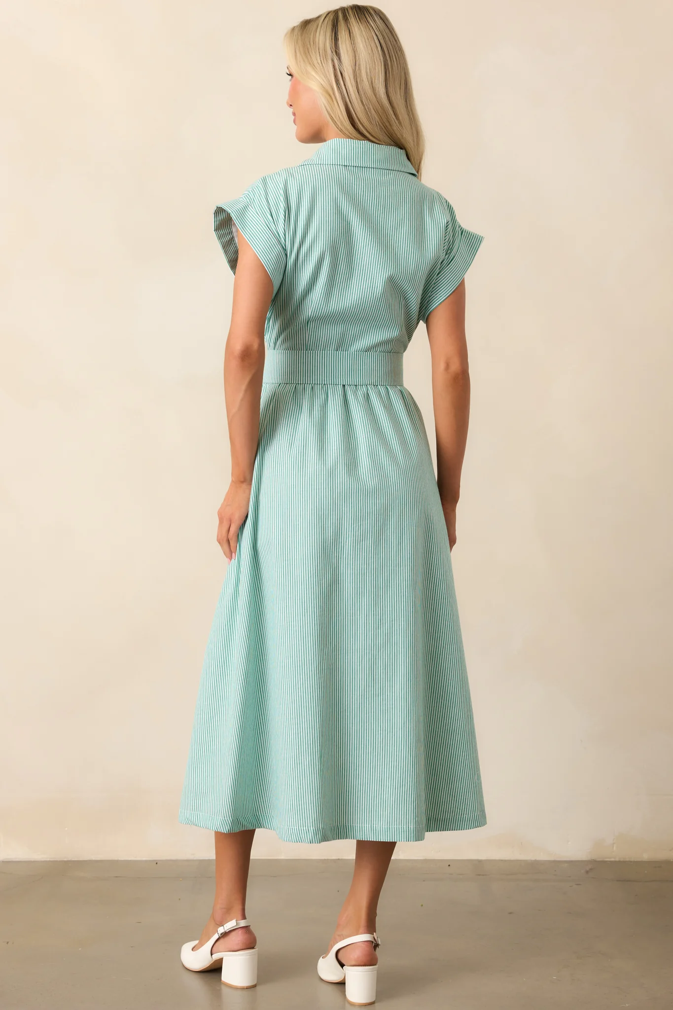 Gia Grass Green Stripe Belted Cotton Midi Dress