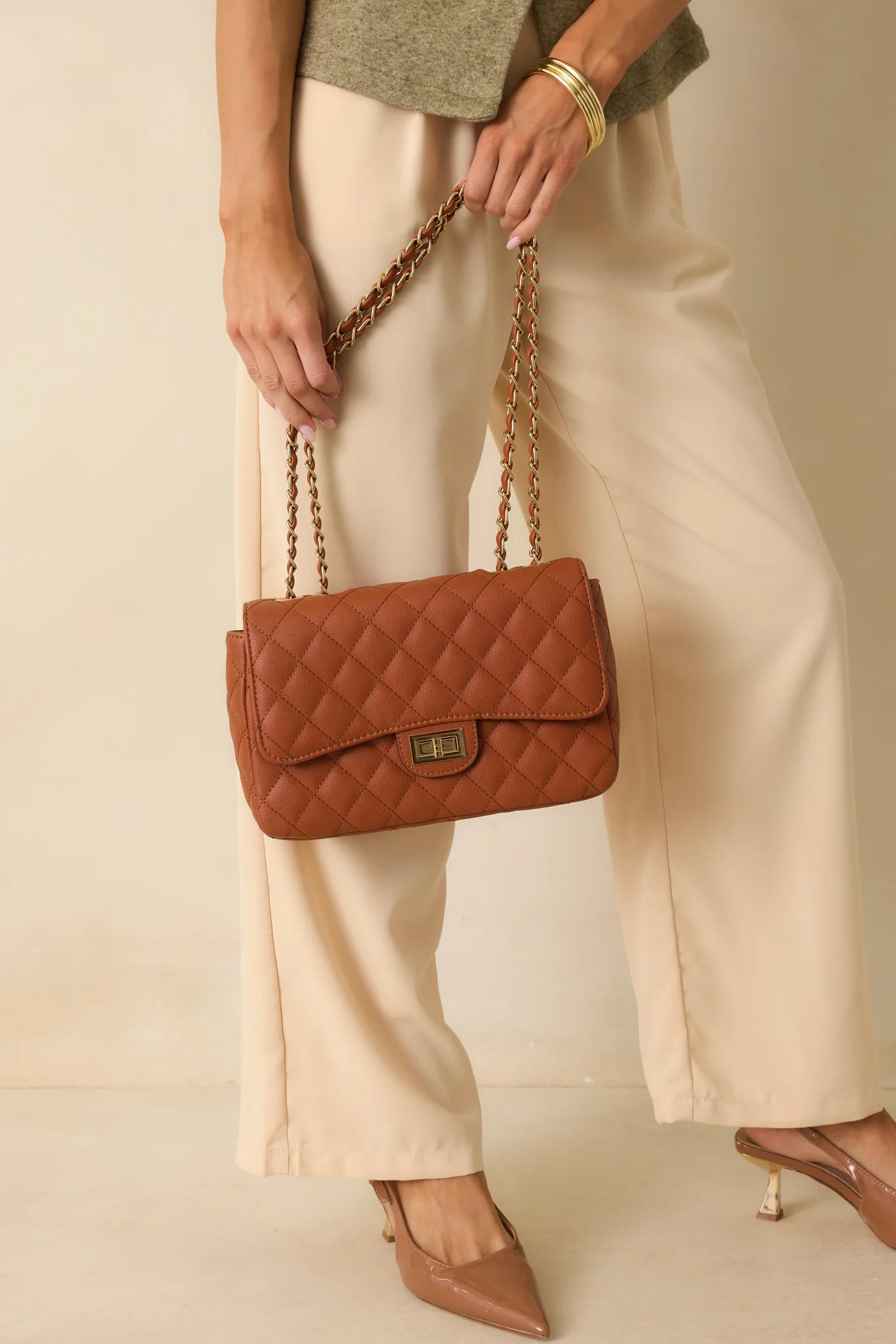 Only Gets Better Ginger Brown Quilted Faux Leather Handbag
