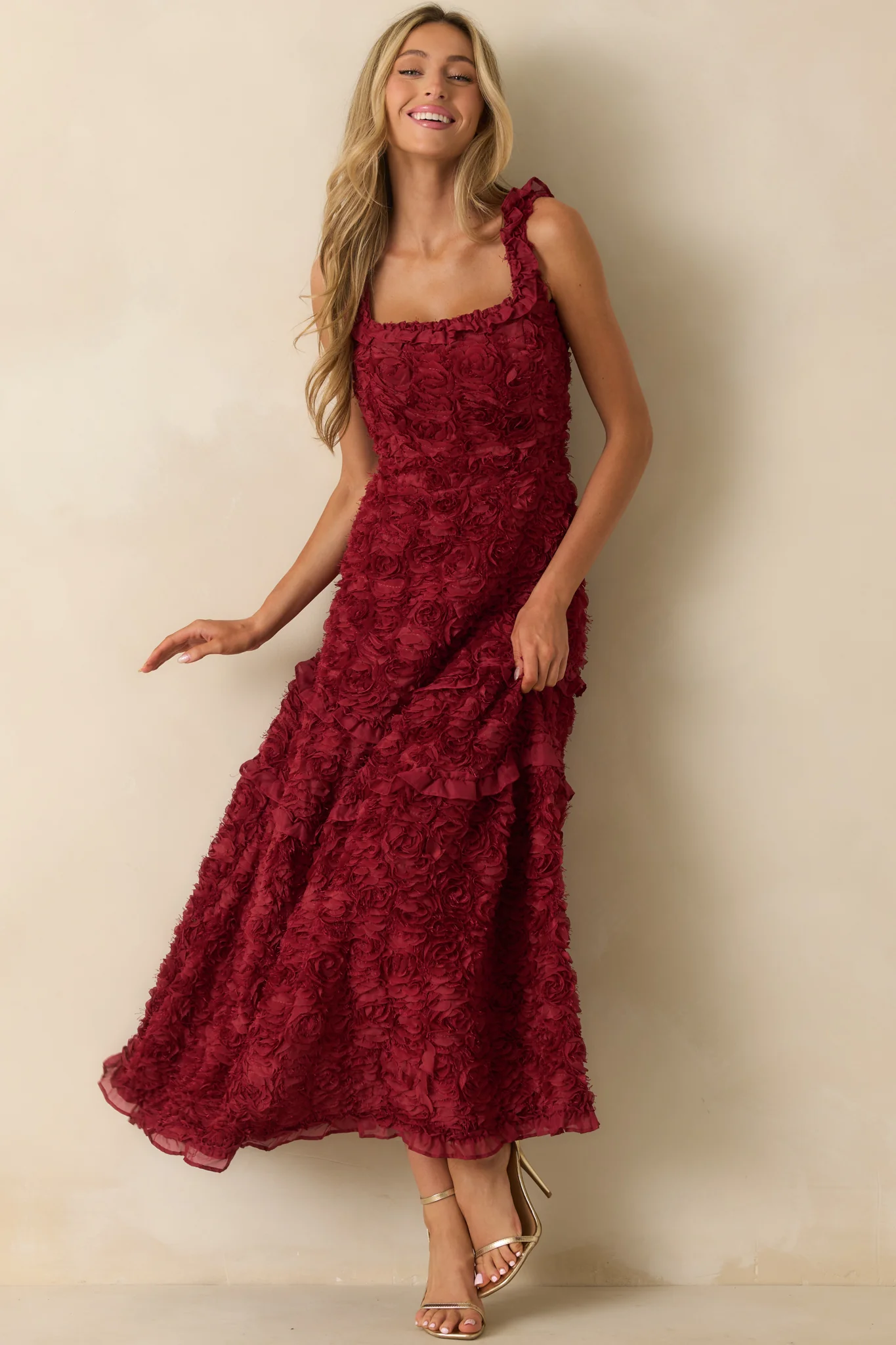 Wine Red Floral Applique Maxi Dress