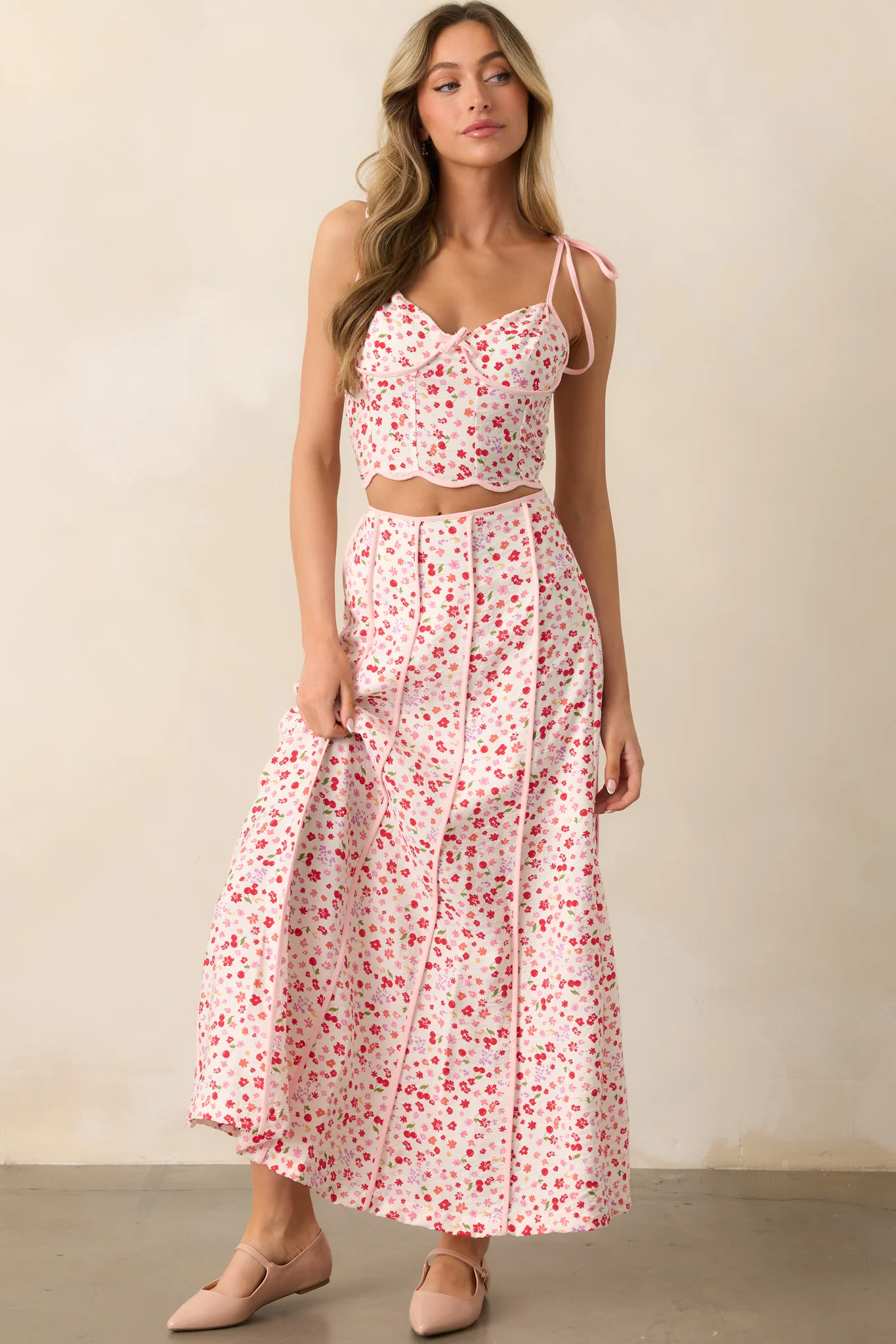 All Things Considered Pink Cherry Floral Bustier Crop Top