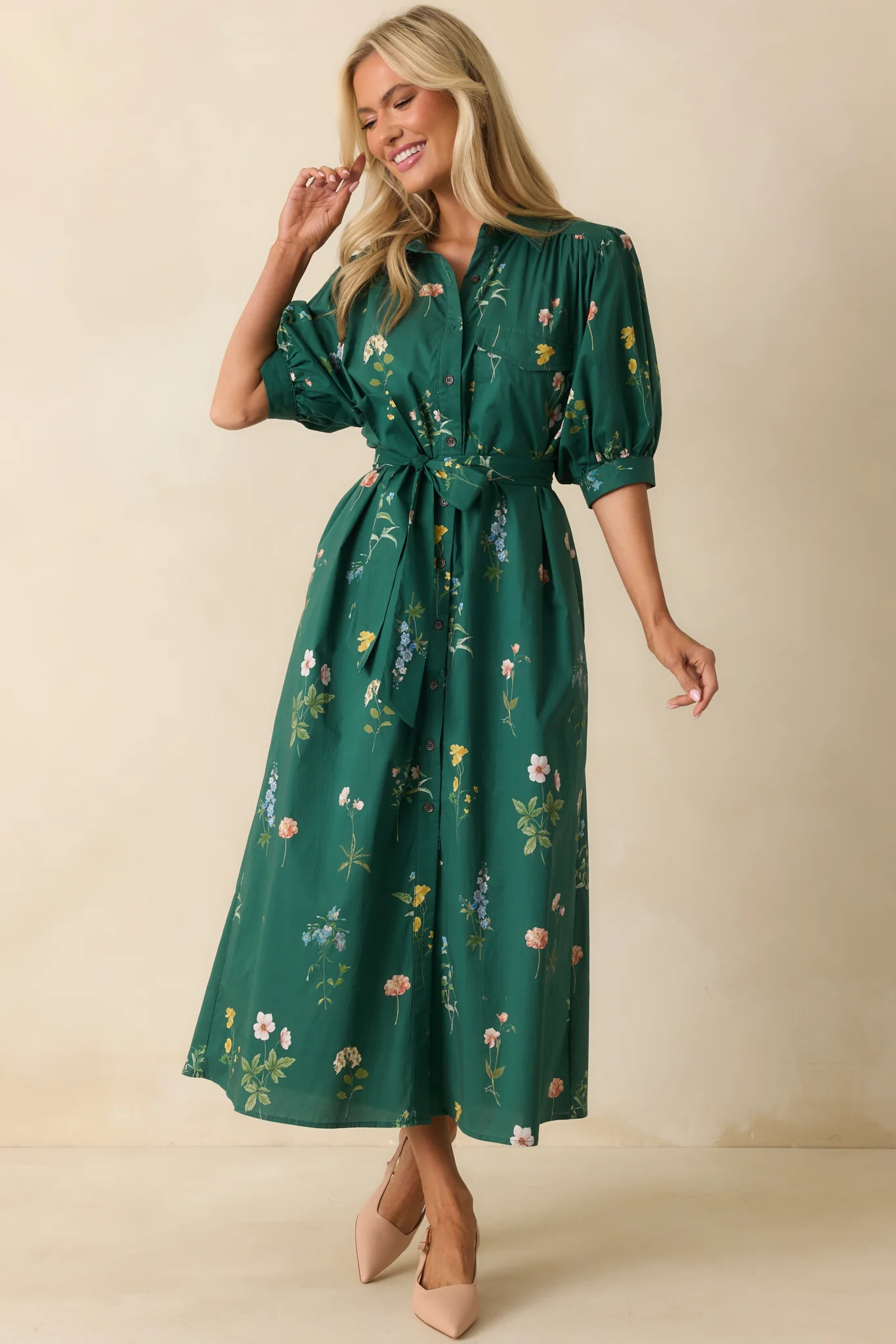 Forest Green Multi Floral Print Cotton Maxi Dress