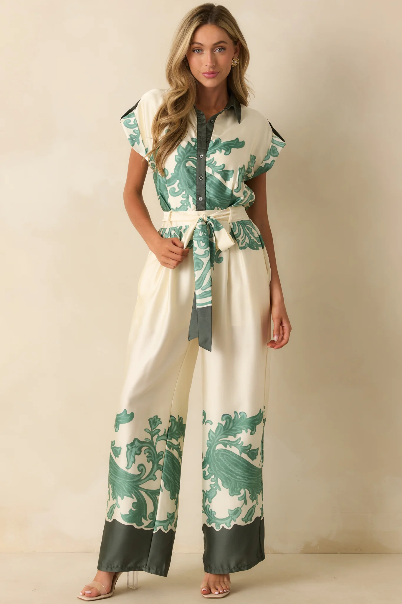 Green Multi Print Button-Up Wide-Leg Jumpsuit
