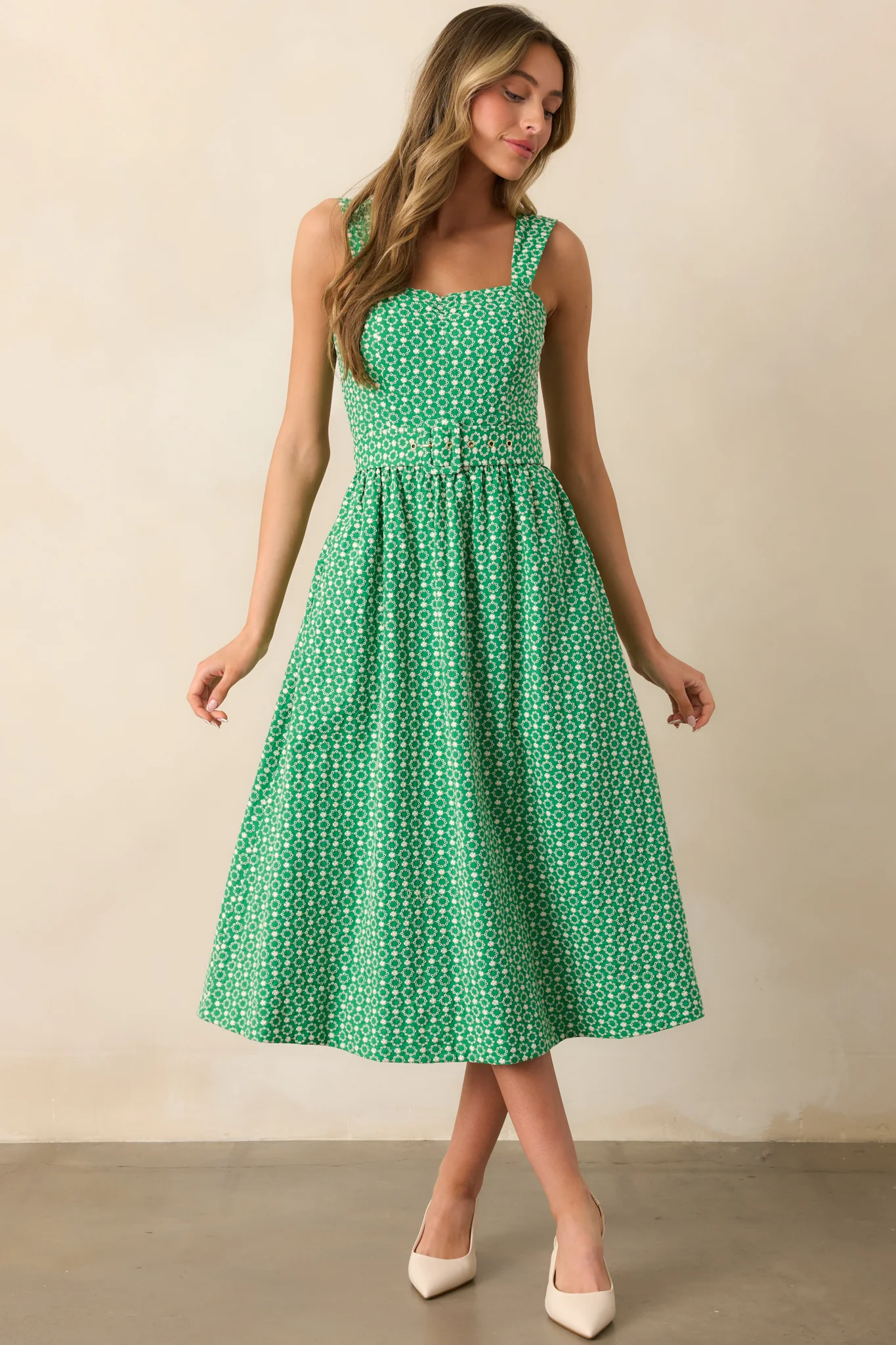 Cameron Meadow Green Cotton Belted Midi Dress