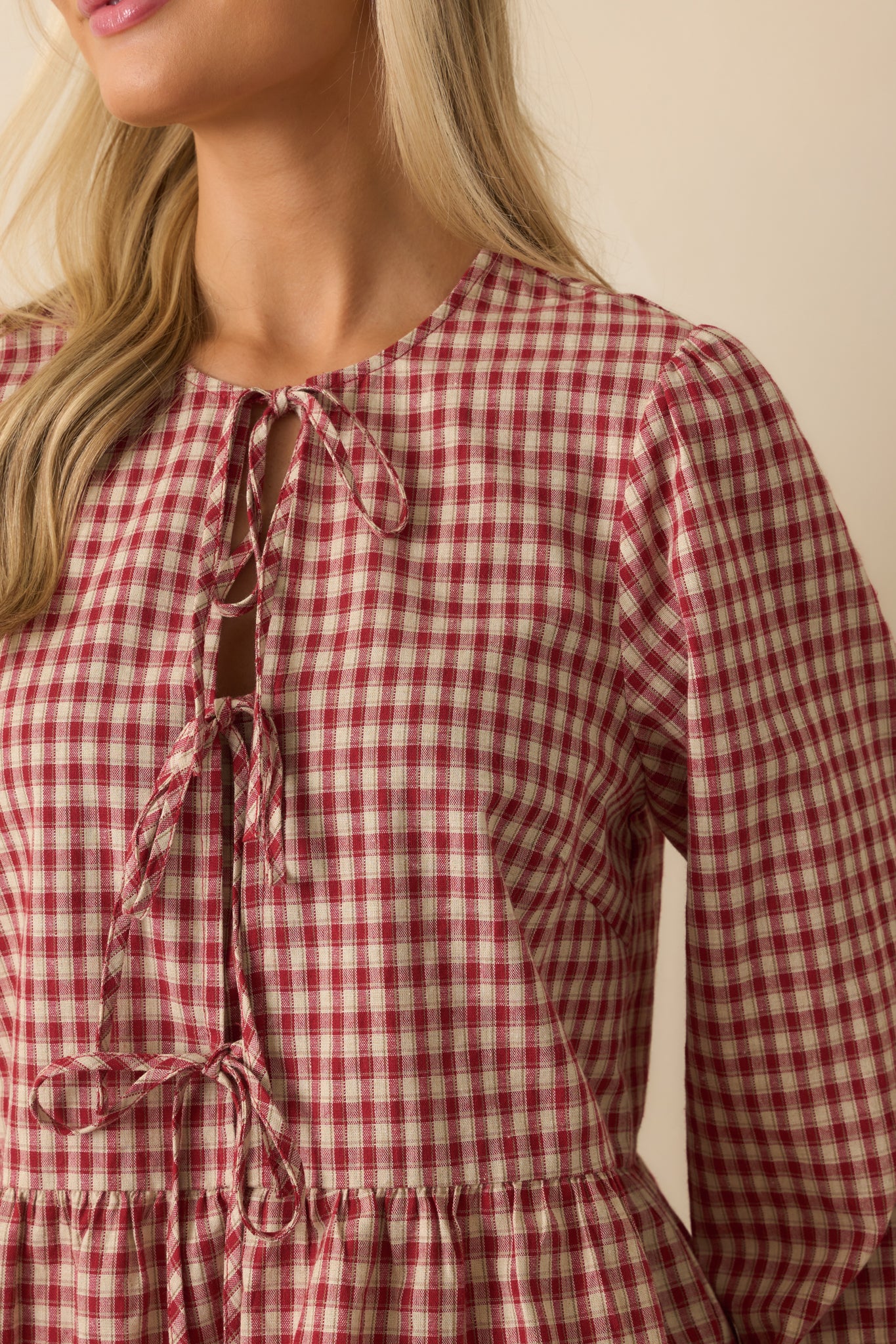 Her Own Thing Red Gingham Long Sleeve Bow Front Peplum Top