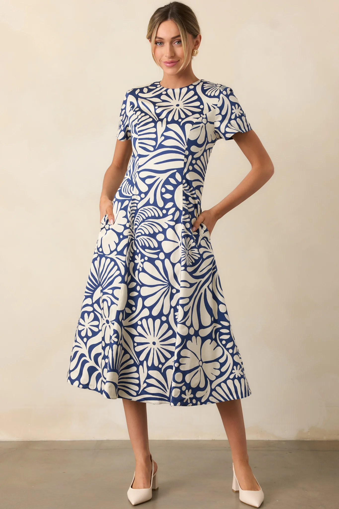 Prosperina Margot Navy Floral Print Cotton Reversible Midi Dress