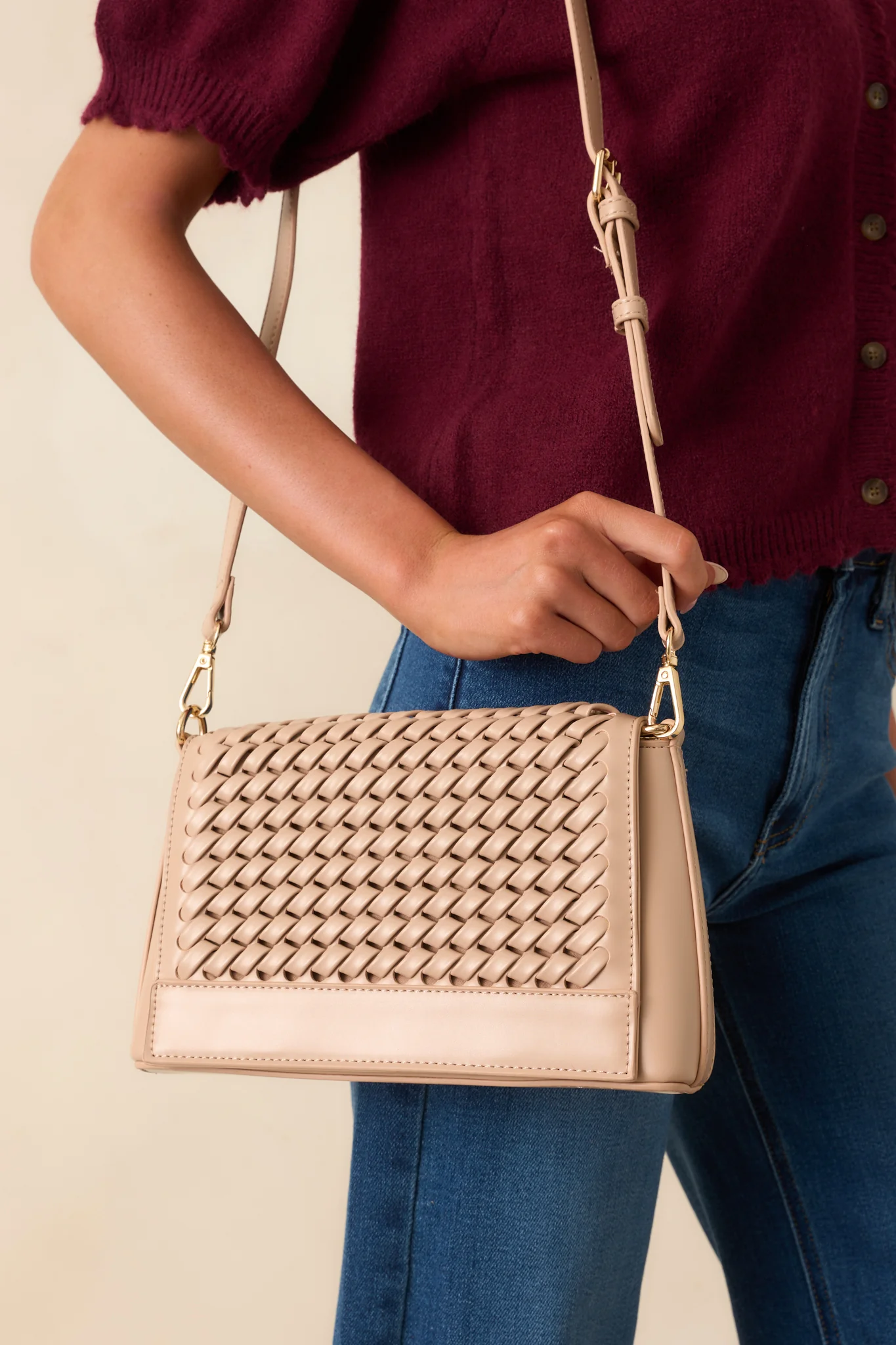 A Little Off Track Beige Woven Faux Leather Handbag