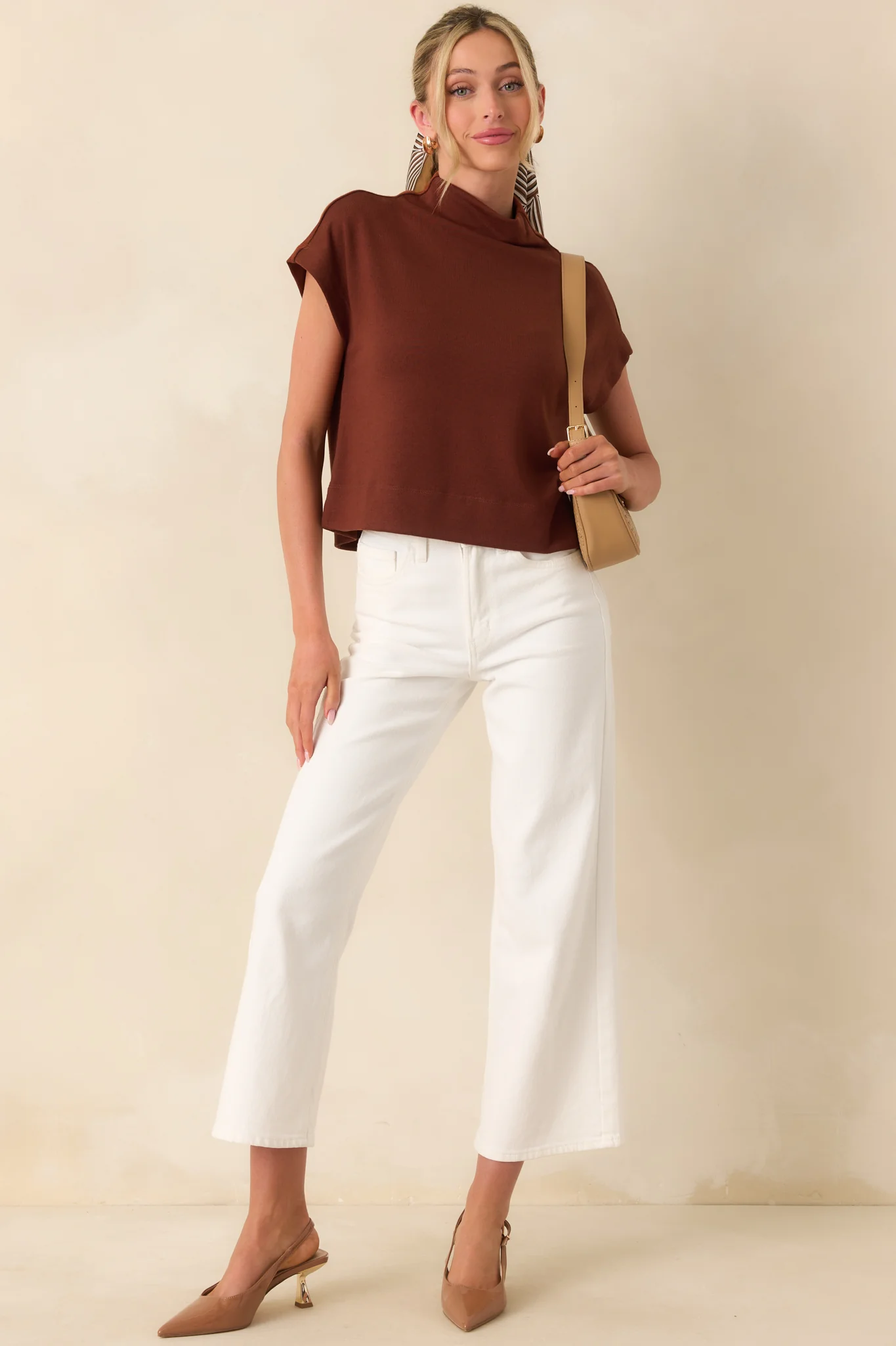 Plans Are Made Dark Rust Relaxed Mock Neck Cap Sleeve Top