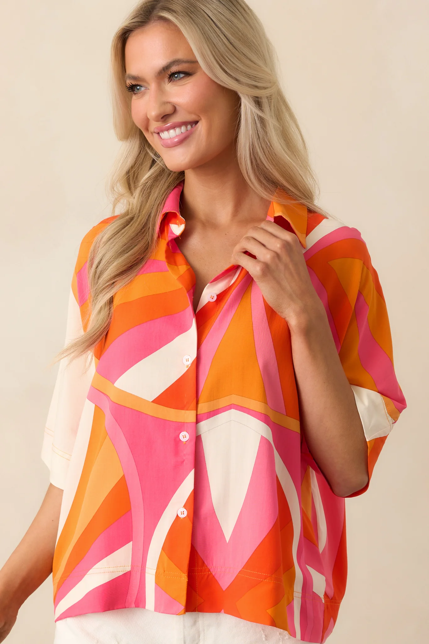 No Map Needed Orange Geometric Print Rayon Button Front Top